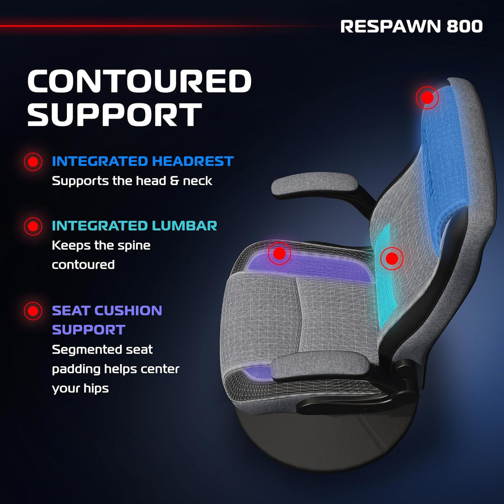 RESPAWN 800 Swivel Rocker Gaming Chair - Ergonomic Floor Gaming Seat with Lumbar Support, Flip Up Armrest, High Back, Pedestal Base, Comfortable No Wheels Console Video Game Rocker Chair - Gray Fabric