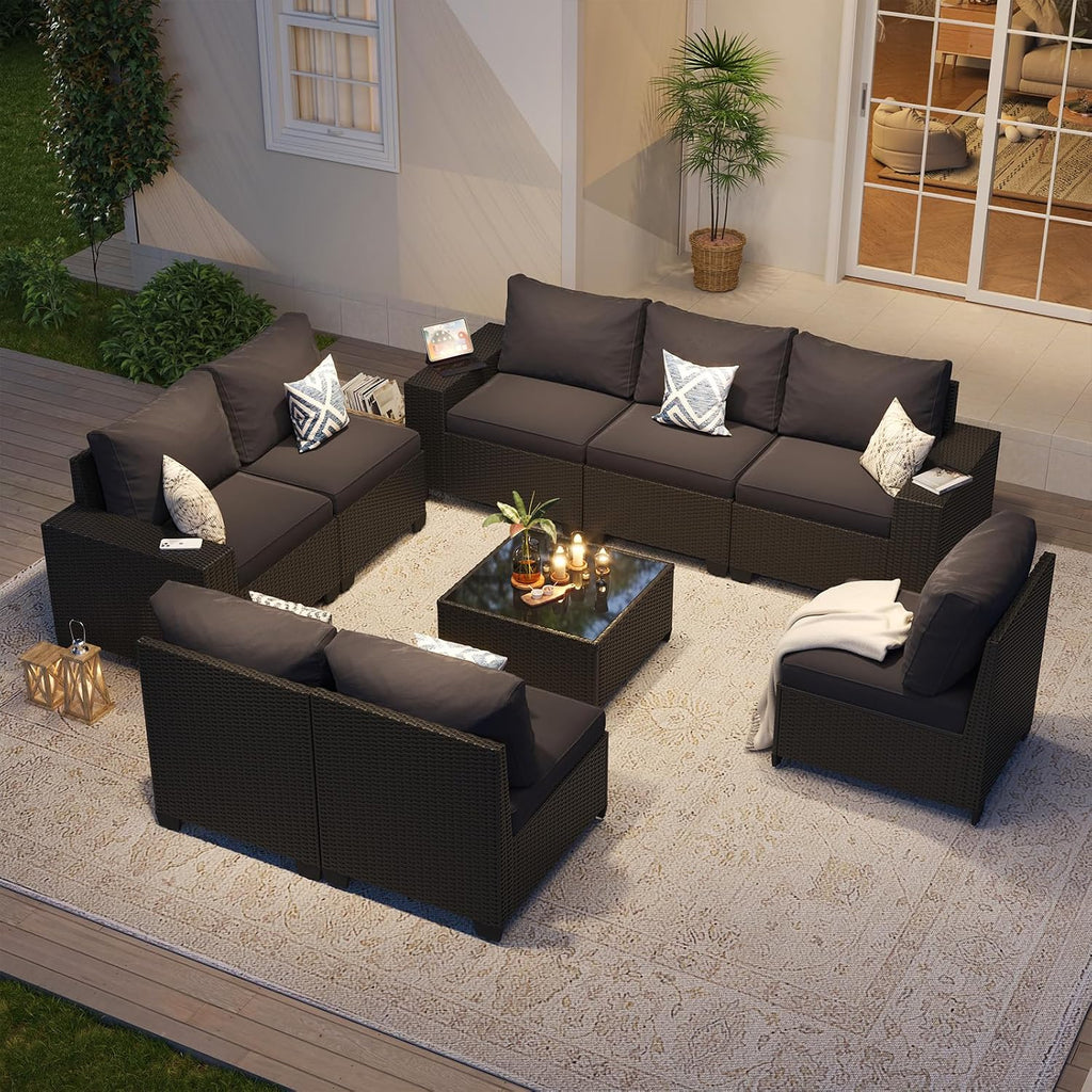 Aoxun Patio Furniture Set, 9 Pcs Outdoor Patio Furniture Sets with 4 in Thicken Cushion, Widen Armrests Wicker Outdoor Sectional for Backyard & Garden, Black