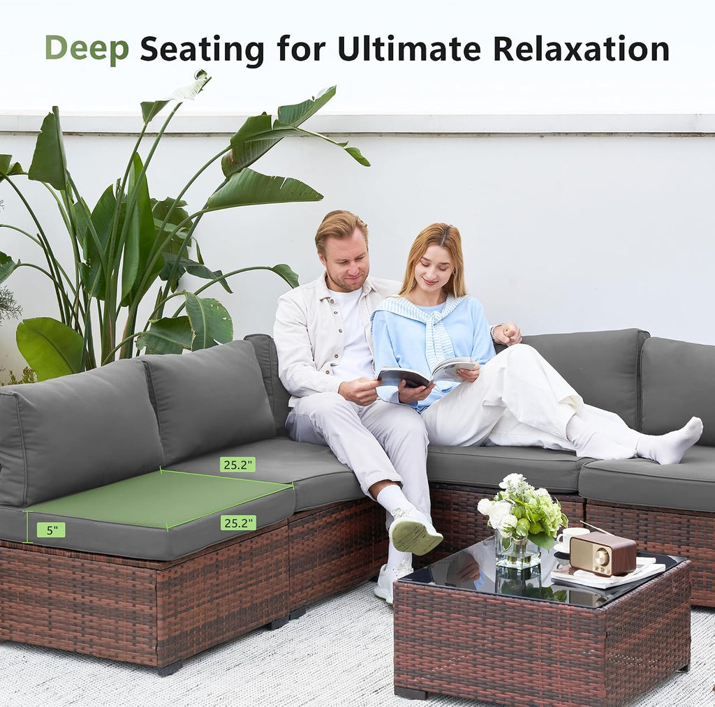 Amopatio 8 Pieces Patio Furniture Set with Fire Pit Table, Outdoor Sectional Conversation Sofa with Waterproof Cover, All-Weather Wicker for Garden, Backyard, Porch, Balcony(Dark Grey)