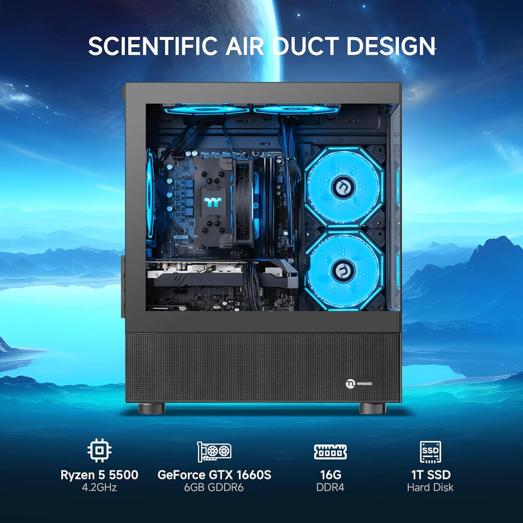 NINGMEI Gaming PC Desktop Computer,AMD Ryzen 5 5500 4.2 GHz,GeForce GTX 1660 Super 6GB,1TB NVMe SSD,16GB DDR4 3200MHz, Air Cooled Prebuilt,650W PSU,Windows 11 Home, Gamer PC, Black