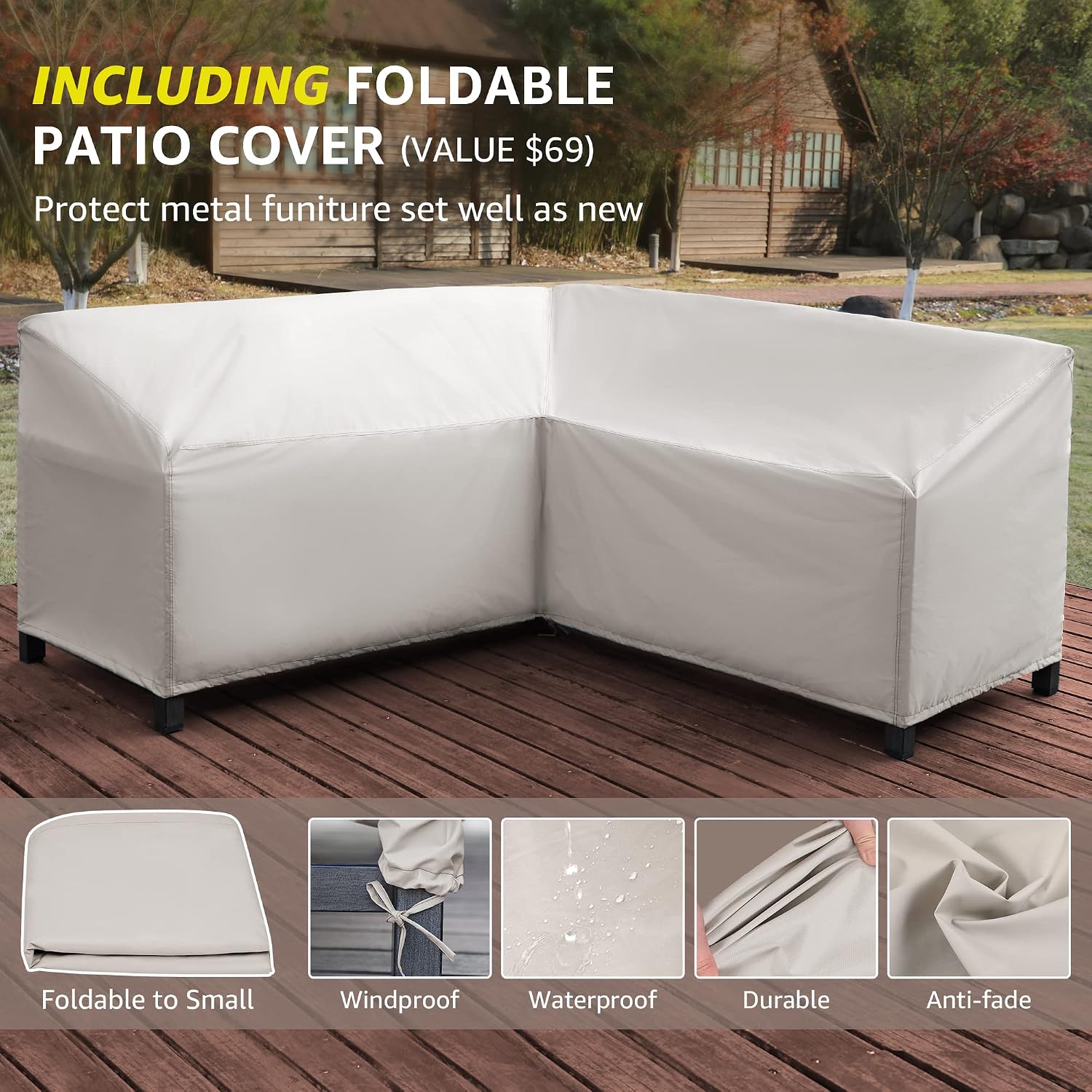 NATURAL EXPRESSIONS 8 Pieces Patio Furniture Sets,Metal Outdoor Sectional Couch L Shape Conversation Set,Highback Patio Sofa Set with Dining Table,2 Ottomans,Large Waterproof Cover, 6.5' Cushion Shale