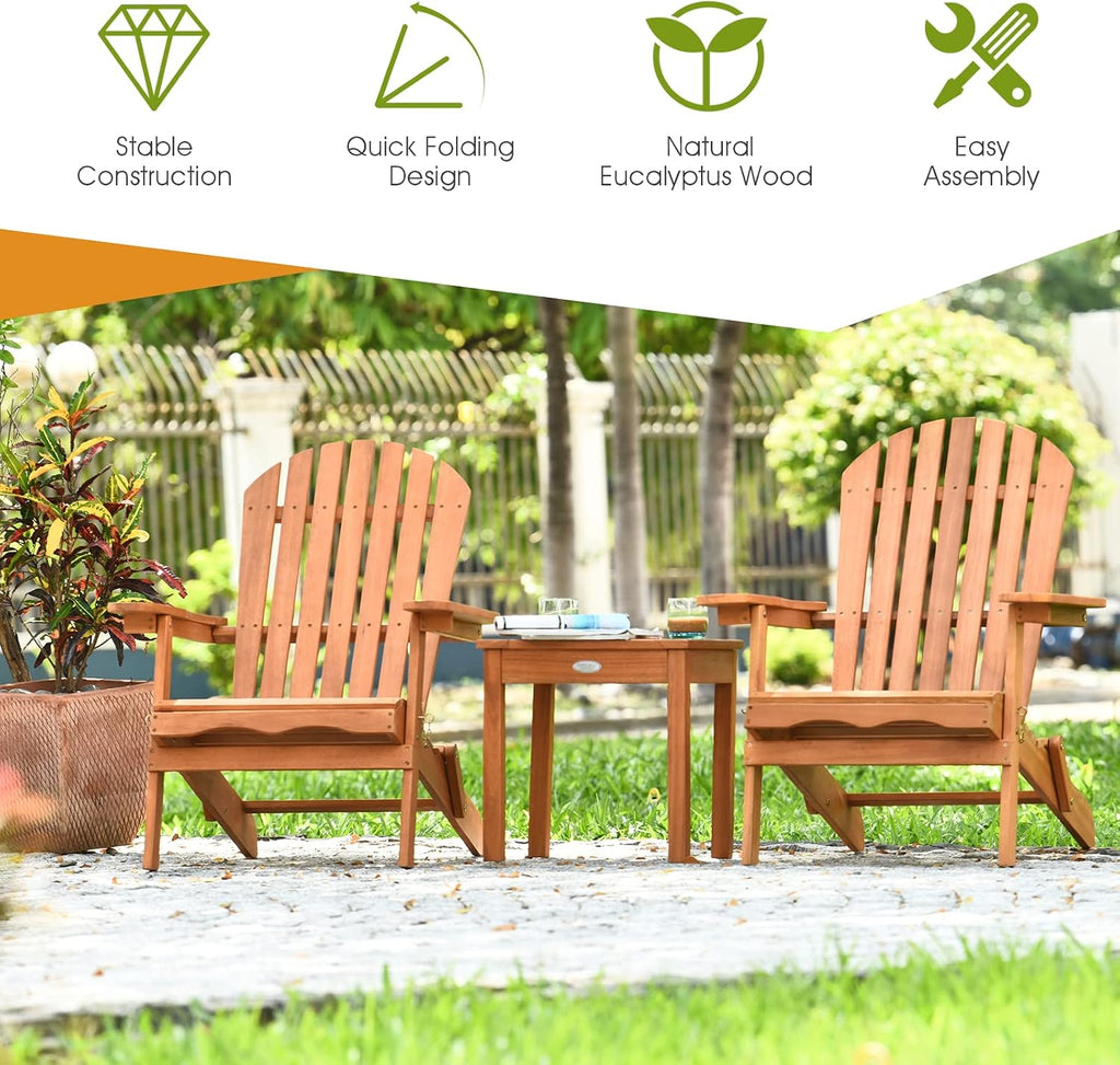 Tangkula 3 Pieces Adirondack Chair Set, Outdoor Wood Furniture Set with 2 Folding Lounge Chairs & Side Table, Widened Armrest, Slatted Design, All Weather Conversation Set for Garden Patio Backyard