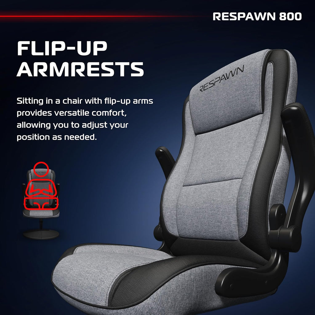 RESPAWN 800 Swivel Rocker Gaming Chair - Ergonomic Floor Gaming Seat with Lumbar Support, Flip Up Armrest, High Back, Pedestal Base, Comfortable No Wheels Console Video Game Rocker Chair - Gray Fabric