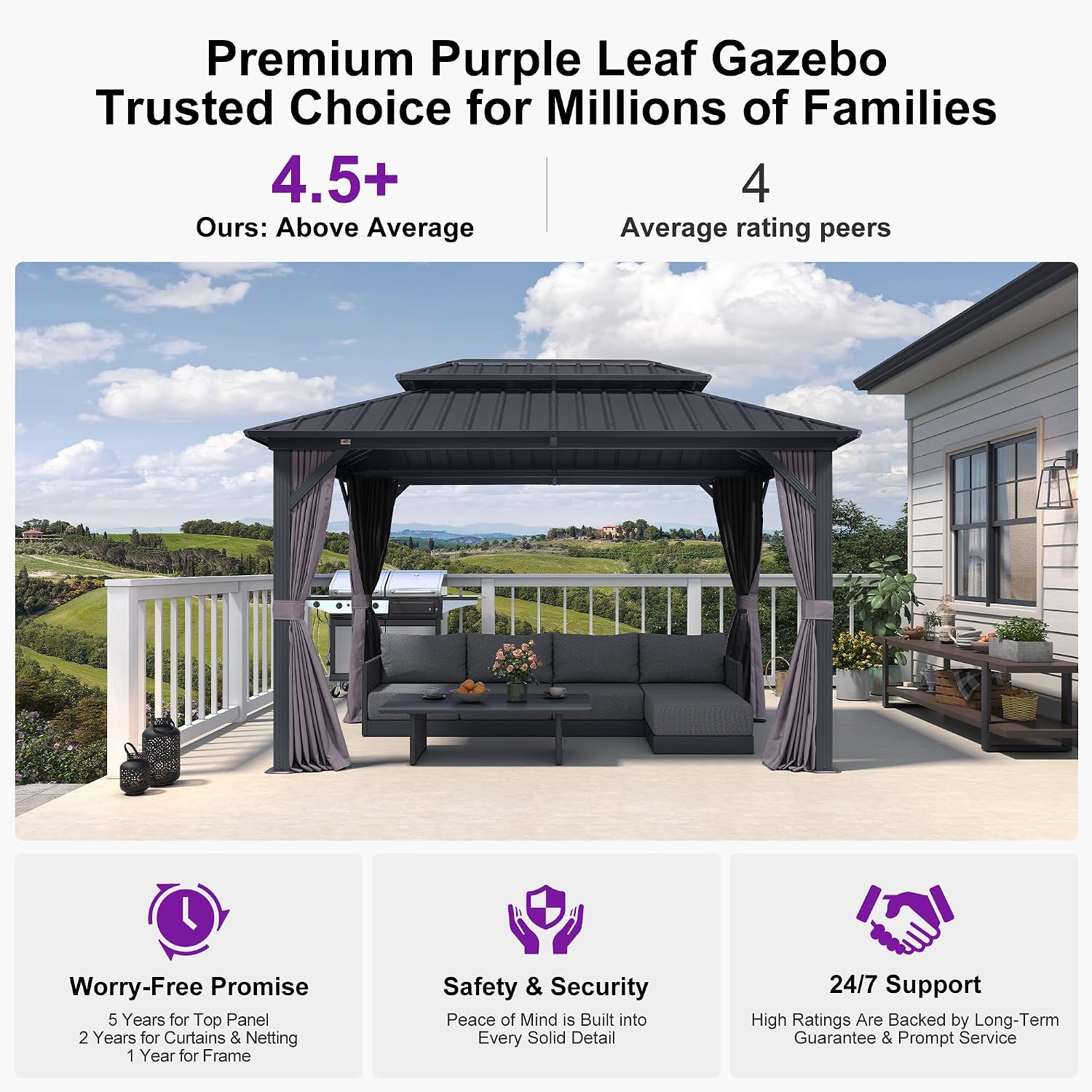 PURPLE LEAF 8' X 12' Permanent Hardtop Aluminum Gazebo with Double Galvanized Steel Roof Removable Netting Curtains and Ceiling Hooks for Patio Lawn Backyard Deck Garden Grey