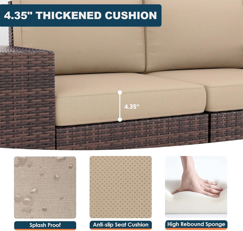 7 Piece Patio Furniture Set with Fire Pit Table, Outdoor Conversation Sets Wicker Rattan Sectional Sofa with Coffee Table for Patio Garden Backyard, 4'' Thickened Cushion Beige