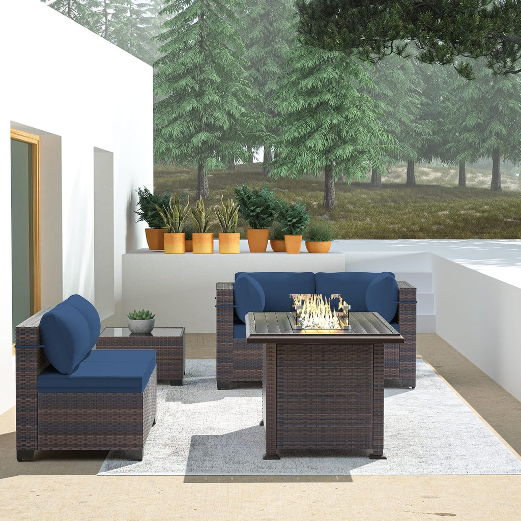 Outdoor Patio Furniture Set with Fire Pit Table, 6 Pieces Outdoor Furniture Patio Sectional Sofa PE Rattan Conversation Sets w/43 Propane Gas Firepit & Coffee Table for Outside -Dark Blue.