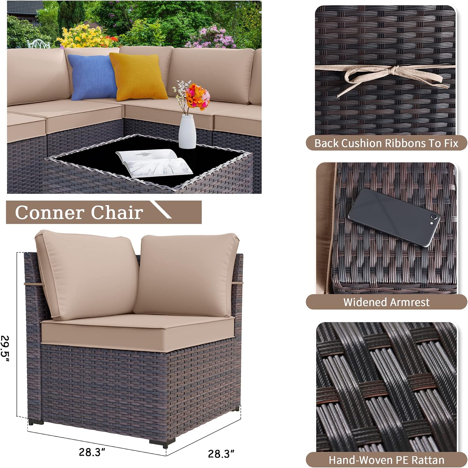 Kurapika 6 Pieces Patio Furniture Set, Rattan Wicker Outdoor Conversation Sets w/4 Inch Cushion and Glass Coffee Table(Sand)