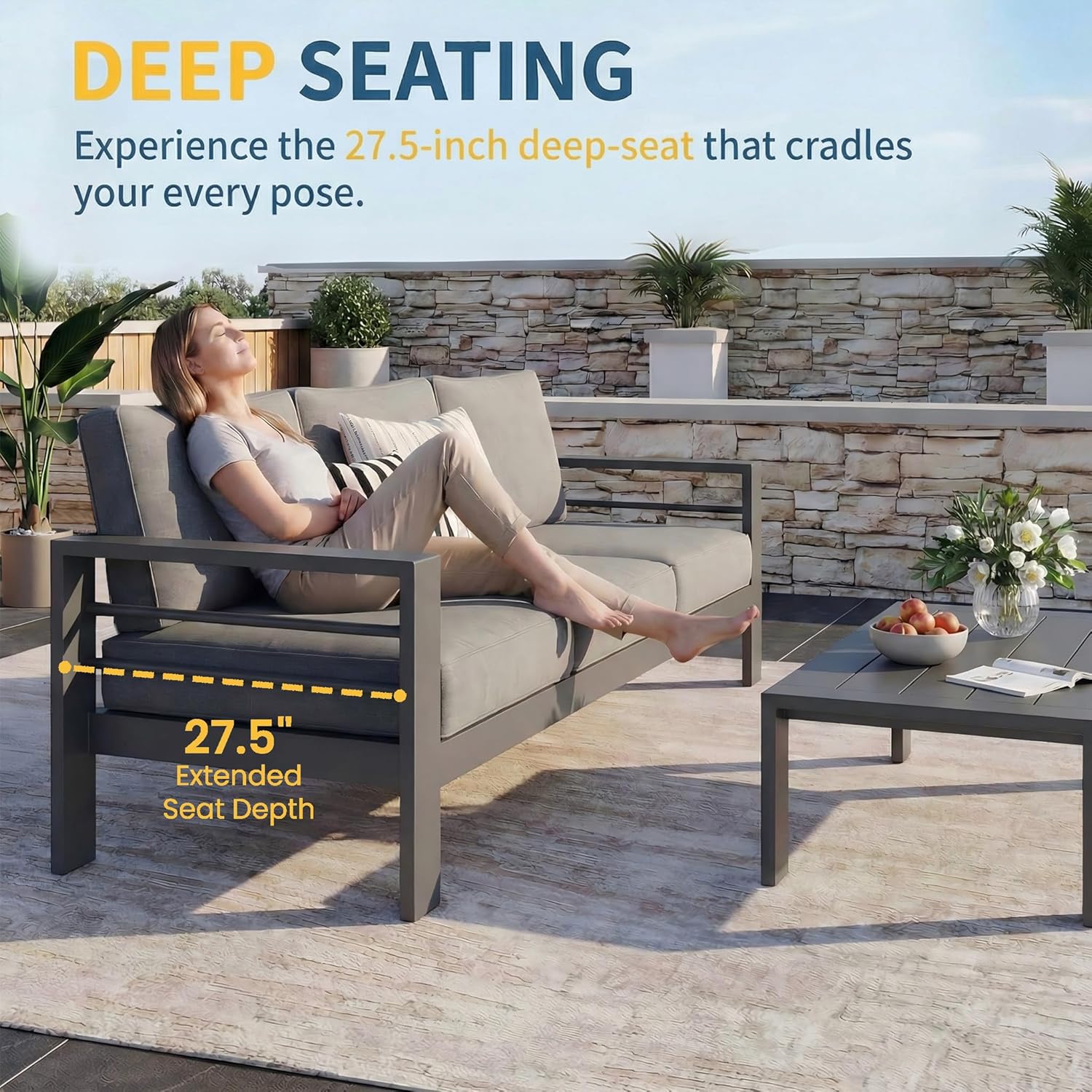 Solaste Aluminum Patio Furniture Set for All Weather, Oversized Metal Outdoor Furniture Set with 27.5' Deep Seating and 3.2' Wide Armrest, Outdoor Patio Conversation Sets with 10' Back Suport Cushion