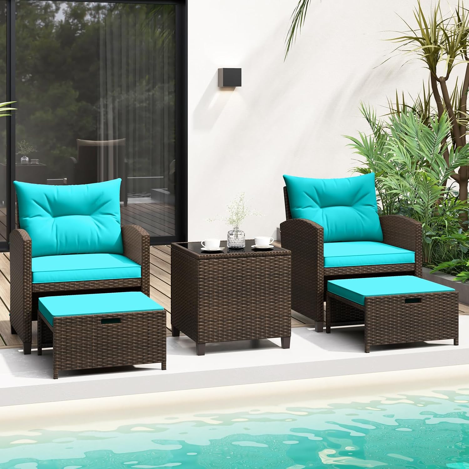 KOTEK 5 Pieces Patio Furniture Set with Ottomans, Wicker Patio Conversation Set with Coffee Table & Cushions, PE Rattan Outdoor Lounge Chairs for Backyard, Porch, Poolside (Mix Brown- Turquoise)