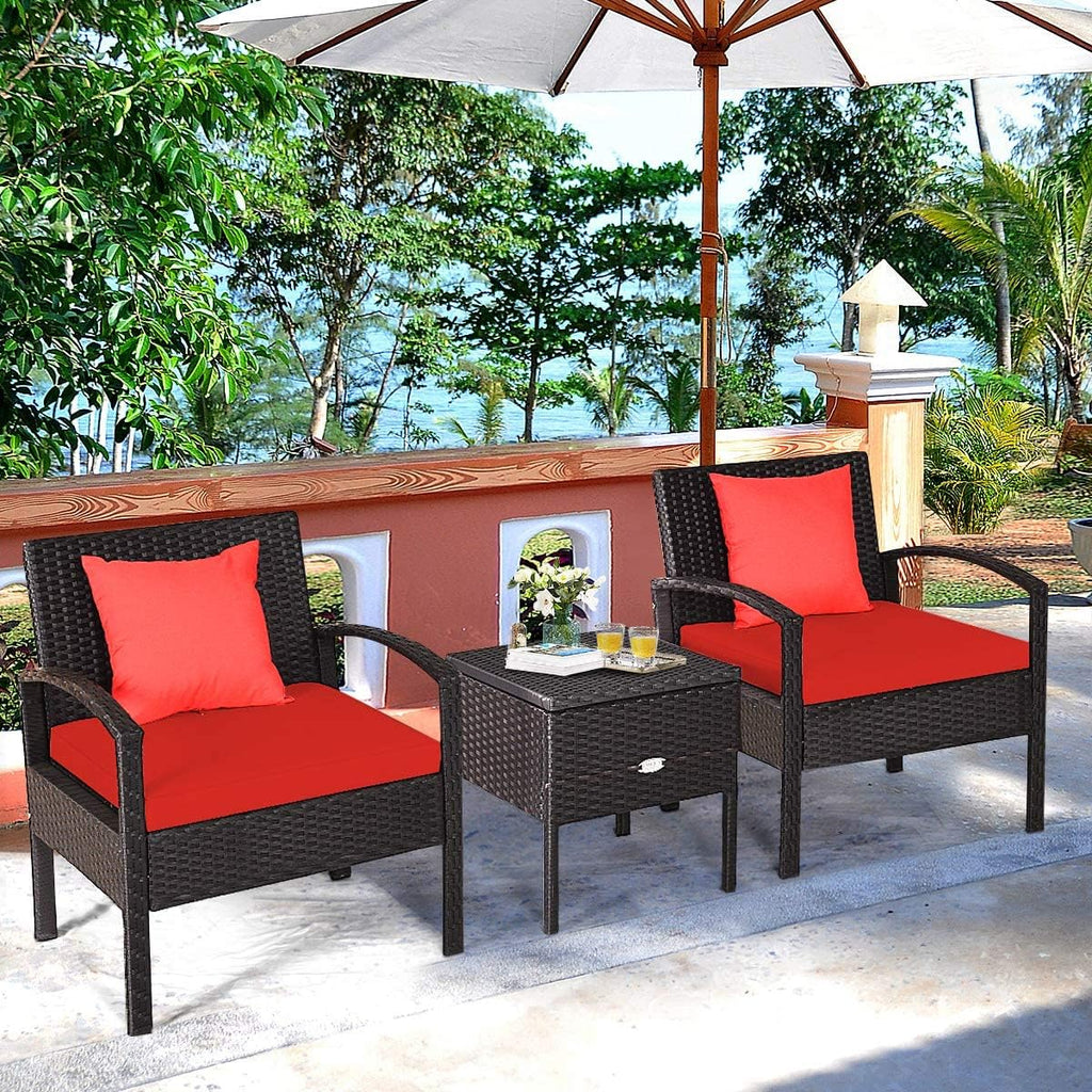 HAPPYGRILL 3 Piece Patio Conversation Set Rattan Wicker Sofa Set with Removable Cushions and Coffee Table, Outdoor Furniture Bistro Chairs Set with Storage Table for Garden Poolside Balcony