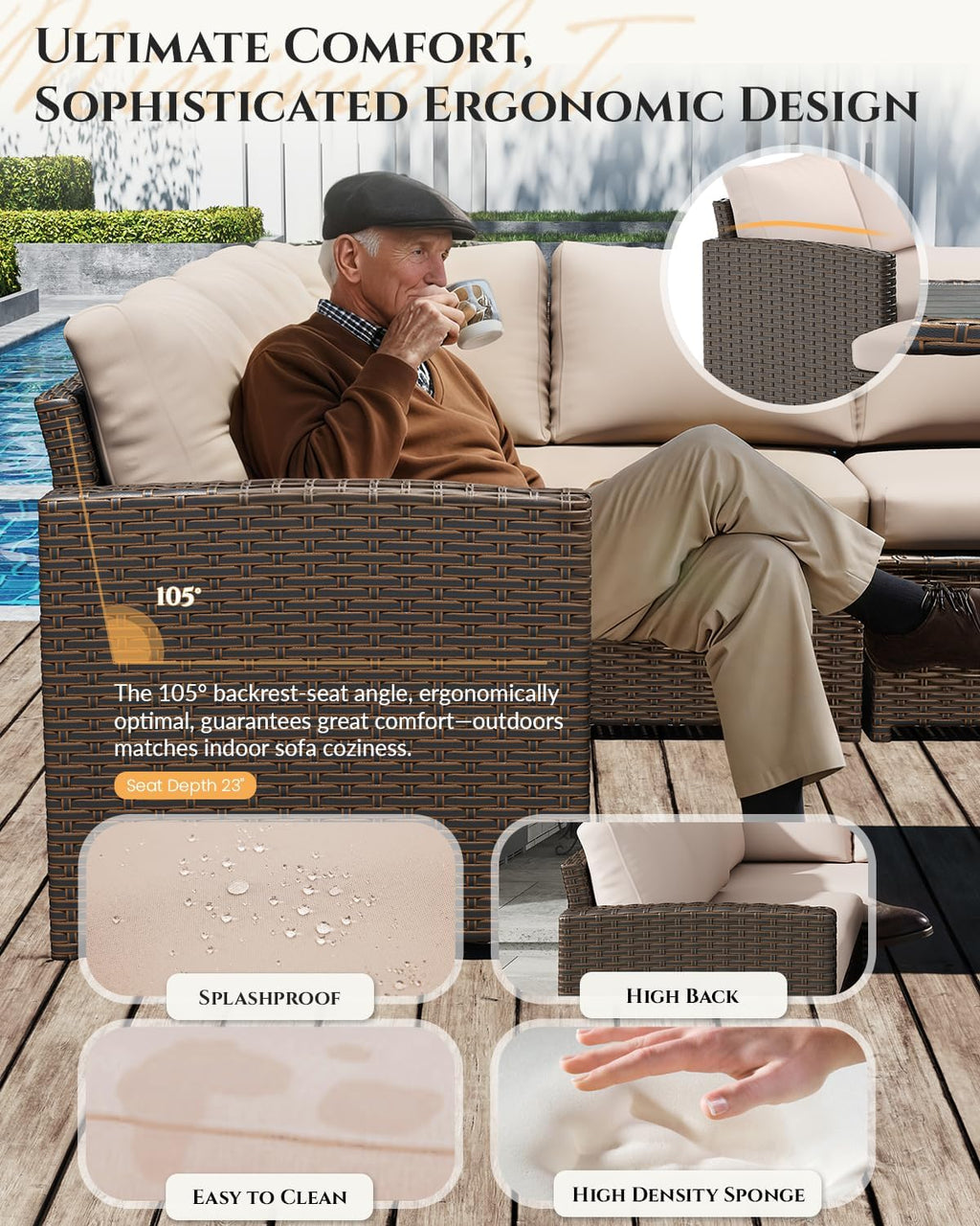 U-MAX 7 Pieces Patio Furniture Set with Waterproof Cover, Outdoor Sectional Sofa Conversation Set, All Weather Wicker Rattan Dining Table & Chair with Ottoman, Brown Rattan&Khaki Cushion