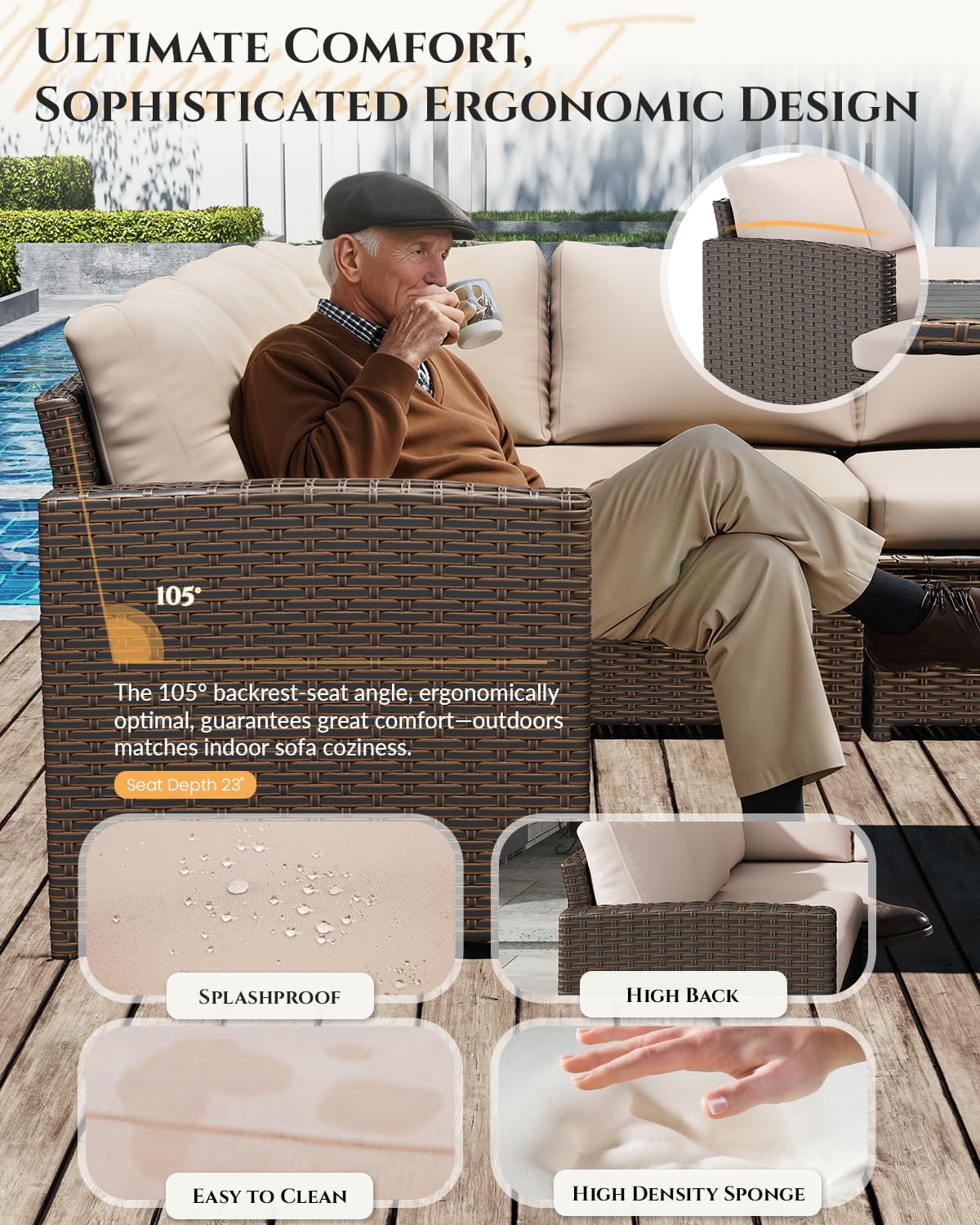 U-MAX 7 Pieces Patio Furniture Set with Waterproof Cover, Outdoor Sectional Sofa Conversation Set, All Weather Wicker Rattan Dining Table & Chair with Ottoman, Brown Rattan&Khaki Cushion