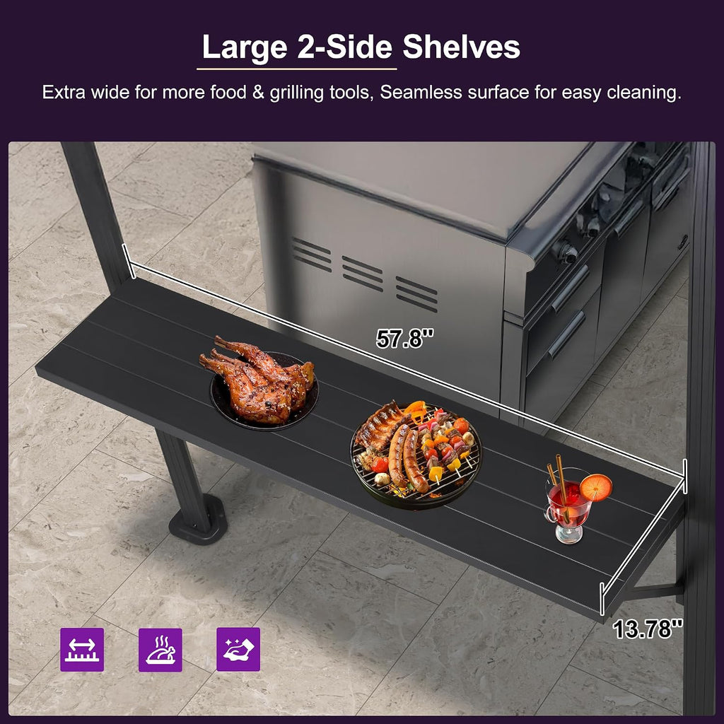 PURPLE LEAF 6' X 9' Hardtop Grill Gazebo Permanent Aluminum Frame Double Metal Roof with Ceiling Hook and Shelves Sun Shade BBQ Canopy for Patio Barbecue Outdoor Kitchen Grey
