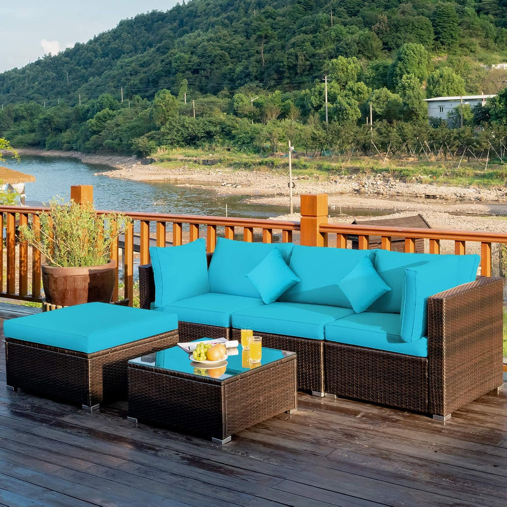 COSTWAY 5-Piece Outdoor Patio Furniture Set, Glass Top Coffee Table and Lounge Sofa with Cushions, PE Rattan Conversation Set for Garden, Deck, Backyard (Turquoise)