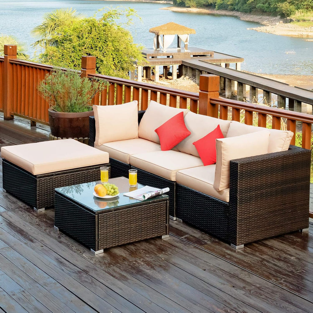 COSTWAY 5-Piece Outdoor Patio Furniture Set, Glass Top Coffee Table and Lounge Sofa with Cushions, PE Rattan Conversation Set for Garden, Deck, Backyard (Beige)
