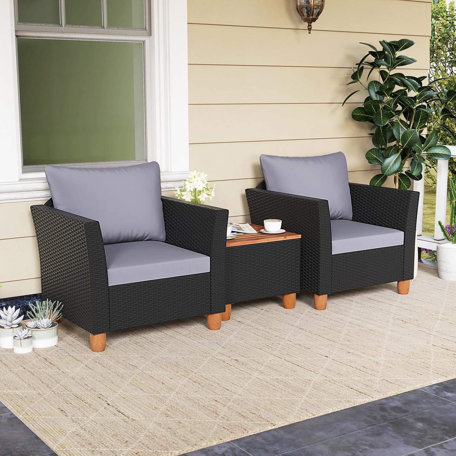 Tangkula 3 Pieces Patio Porch Furniture Set, PE Rattan Wicker Chair Conversation Set with Cushions and Storage Table, Outdoor Acacia Wood Bistro Set for Garden, Poolside (Grey)