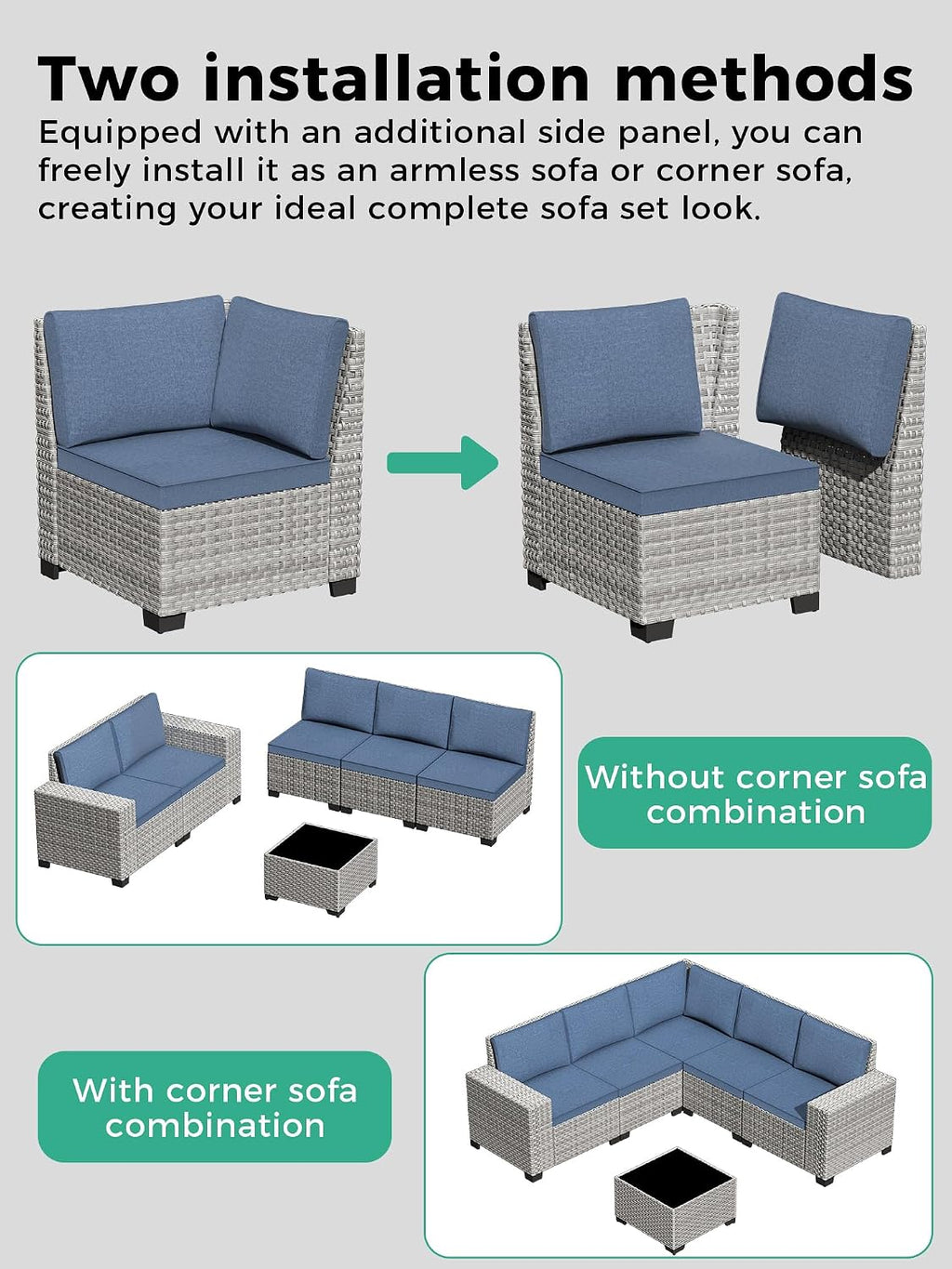 6 Piece Outdoor Sectional Sofa Set, 5-Seats Patio Wicker Conversation Set with 4' Thickened Cushions & Coffee Table, All-Weather PE Rattan for Garden, Backyard, Porch, Blue