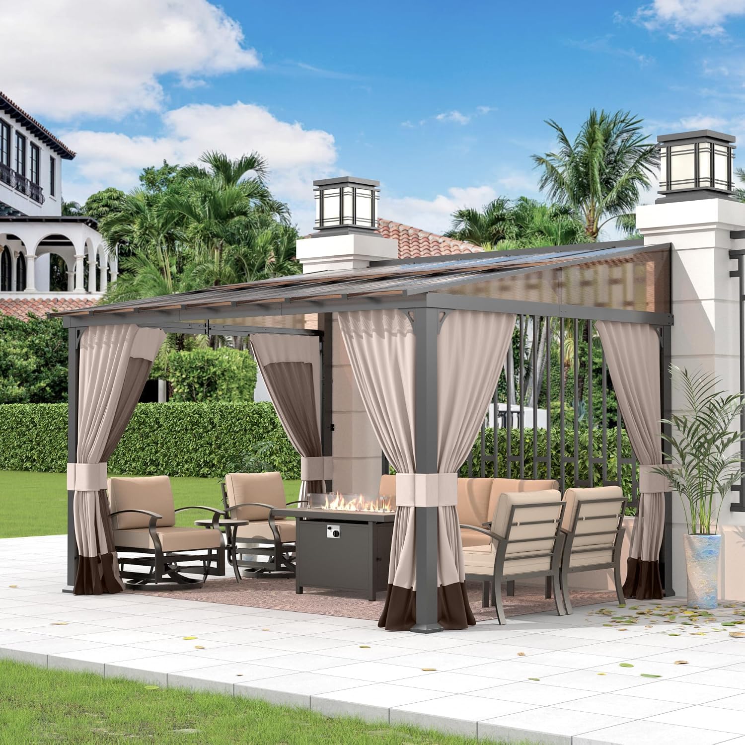 Gotland 10 FT x 12 FT Lean to Gazebo, 3 in 1 Outdoor Gazebo with Sloped Roof, Wall Mounted Gazebo with Ground Anchor Sturdy Structure, Galvanized Steel Metal Pergola for Backyard Deck Khaki