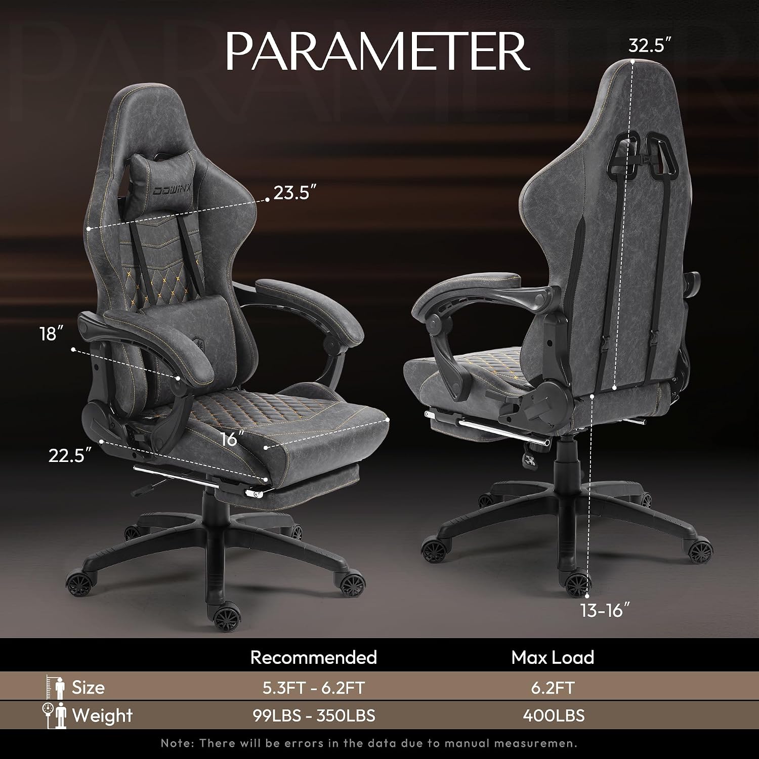 Dowinx Gaming Chair Big and Tall, Ergonomic PC Gaming Chair with Footrest & Massage, Racing Style Reclining Computer Chair for Adults, 400LBS Capacity - Heavy Duty Gamer Chair (Grey)