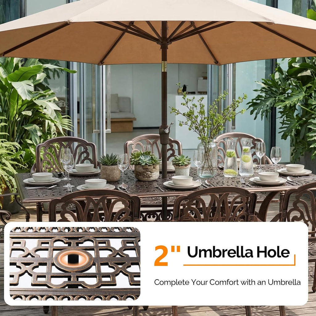 VINGLI 9-Piece Cast Aluminum Outdoor Dining Set for 8, Rectangular Patio Table with Umbrella Hole & 8 Stackable Chairs, All-Weather Garden/Poolside Furniture