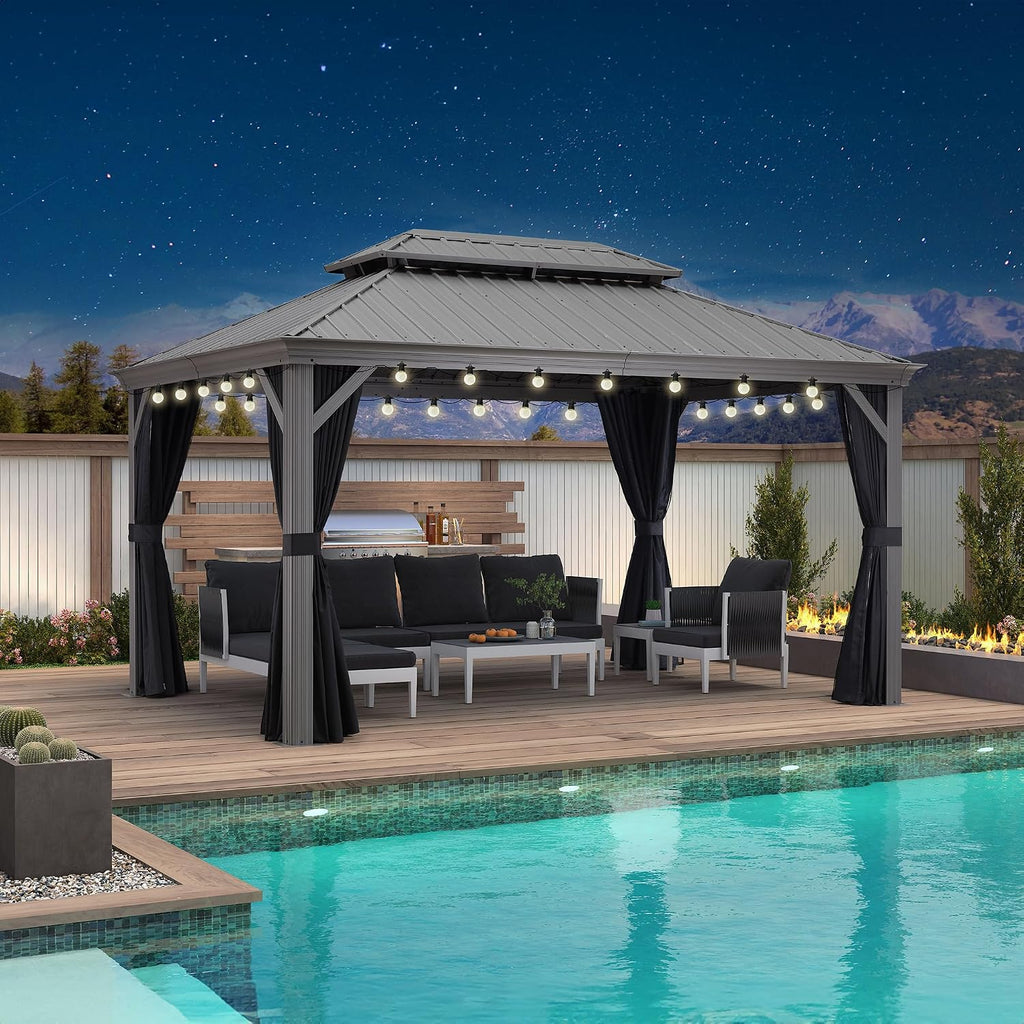 PURPLE LEAF 10' X 14' Outdoor Hardtop Gazebo with Galvanized Steel Double Roof Aluminum Frames Heavy Duty Pavilion Gazebo for Patio Deck Garden,Netting and Curtains Included, Light Grey