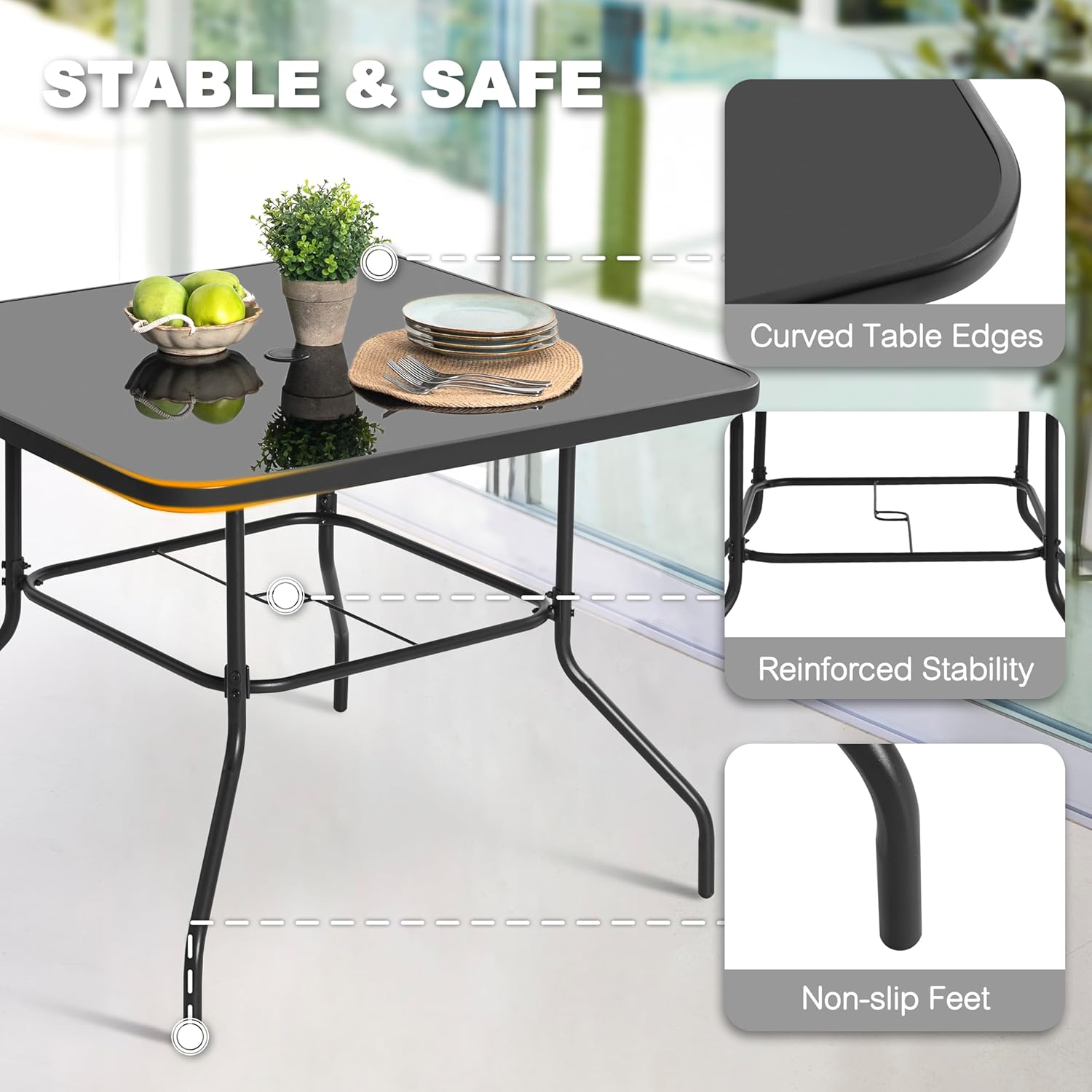 NUU GARDEN 5 PCS Patio Dining Set, Metal Outdoor Table and Chairs, with 4 Stackable Chairs and 31.5'' Square Table with Umbrella Hole, Outdoor Dining Set for Lawn, Balcony, Garden, Black and Brown
