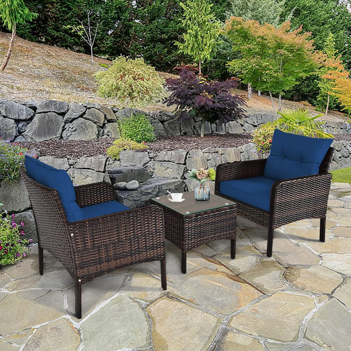 HAPPYGRILL 3 Piece Patio Conversation Set Outdoor Rattan Wicker Furniture Set with Coffee Table & Chairs Patio Bistro with Seat Cushions for Garden Balcony Backyard Poolside