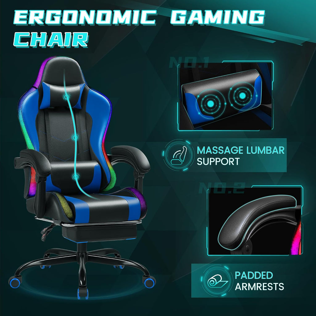 Gaming Chair with RGB, Computer Gaming Chairs with LED Lights and Footrest for Home, Office, Blue and Black