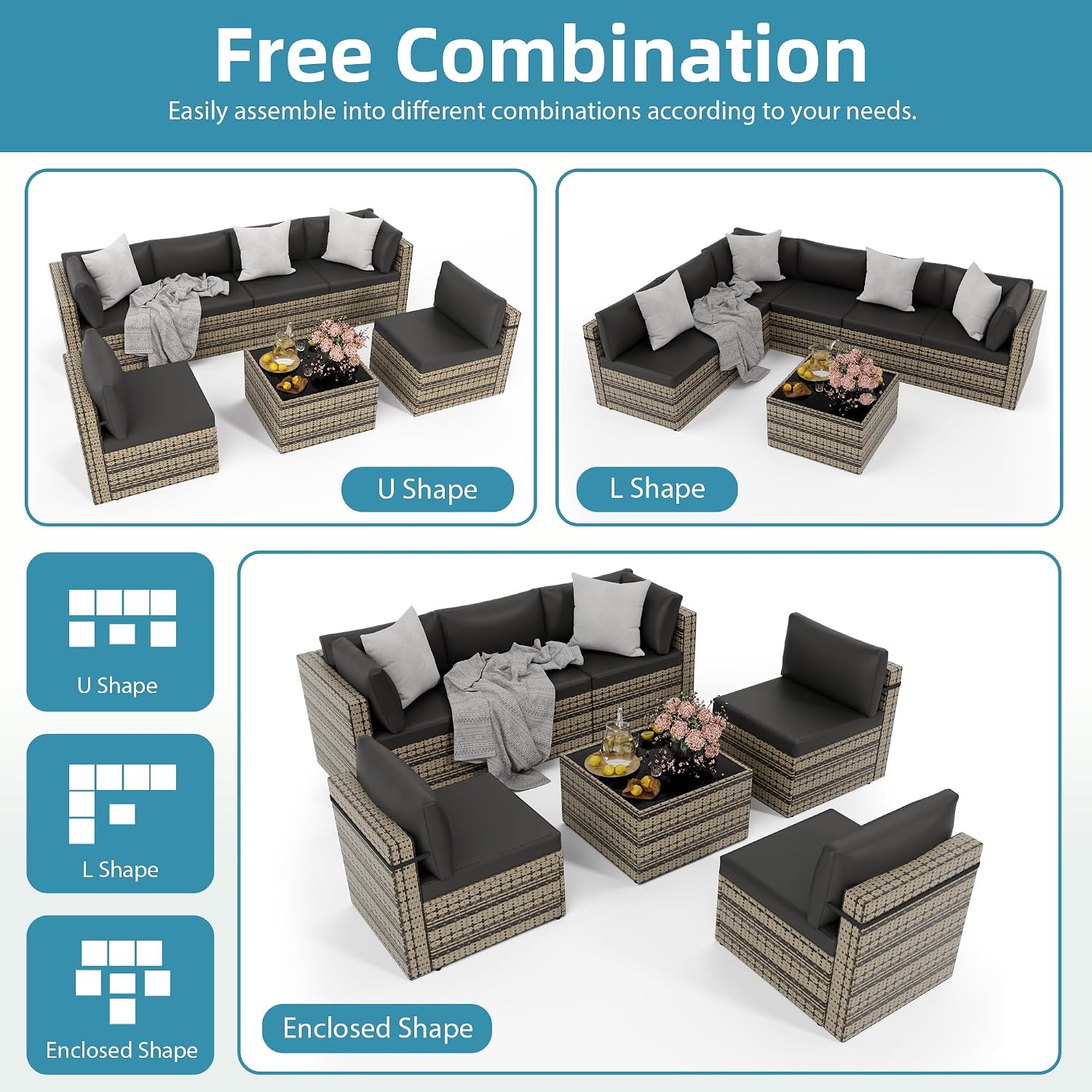 Pamapic 7 Piece Outdoor Sectional Sofa Set, All-Weather Patio Furniture with Washable Cushions, Waterproof Gray Rattan Wicker Conversation Set for Backyard, Poolside, Garden (Black Cushions)