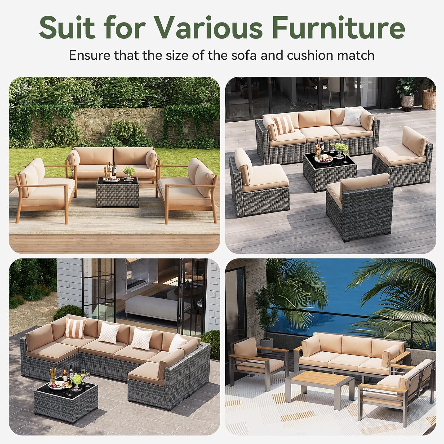 Aoxun Replacement Cushions for Outdoor Furniture, 14-Piece Outdoor Cushions for Patio Furniture, Deep Seat, Splash-Proof & Fade Resistant Couch Cushion for 6-Seat Patio Conversation Sets, Beige