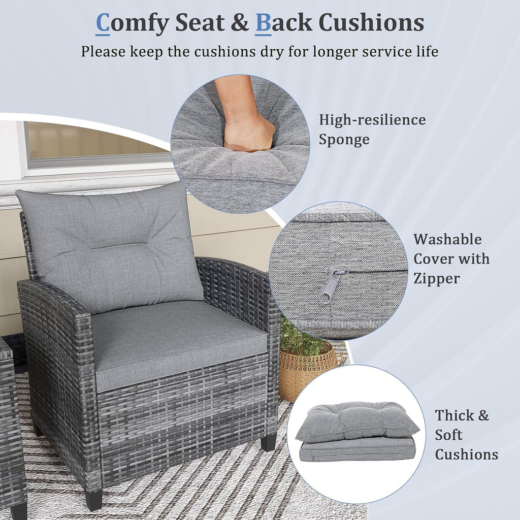 KOTEK 3 Piece Patio Furniture Set, Outdoor PE Rattan Conversation Set with Washable Cushions & Tempered Glass Tabletop, Wicker Chairs and Table Set for Porch, Garden, Balcony (Grey)