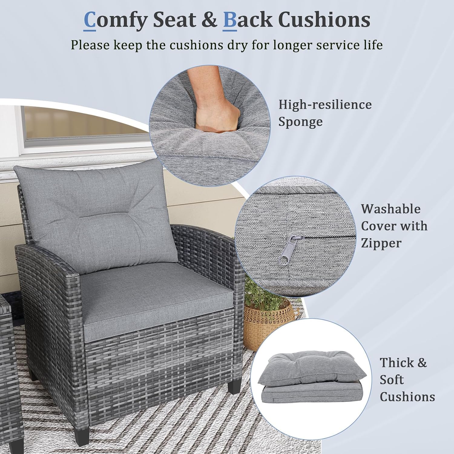 KOTEK 3 Piece Patio Furniture Set, Outdoor PE Rattan Conversation Set with Washable Cushions & Tempered Glass Tabletop, Wicker Chairs and Table Set for Porch, Garden, Balcony (Grey)