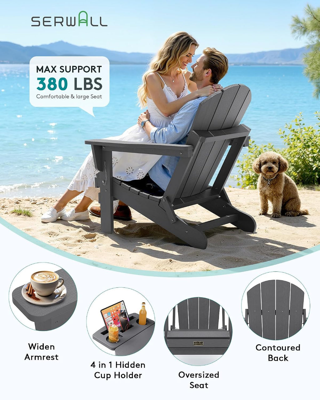 SERWALL Folding Adirondack Chair Set of 4, Outdoor Adirondack Chairs with 4 in 1 Cup Holder, Wood Texture Patio Chairs, Weather Resistant Fire Pit Chairs for Patio Deck Garden, Backyard Deck - Gray