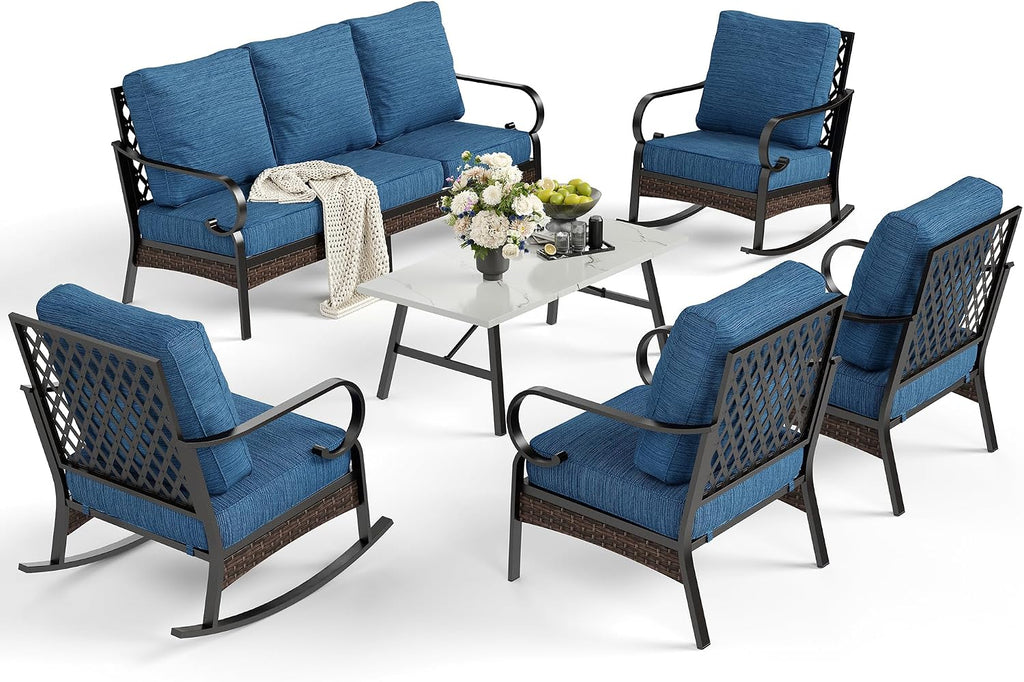 SUNSHINE VALLEY 6 Piece Metal Outdoor Patio Furniture Set, Patio Conversation Set 3-Seater Sofa, 2 Fixed Sofa, 2 Rocking Chair with 5.75' Thick Cushion & Coffee Table Black Backyard Furniture, Blue-2
