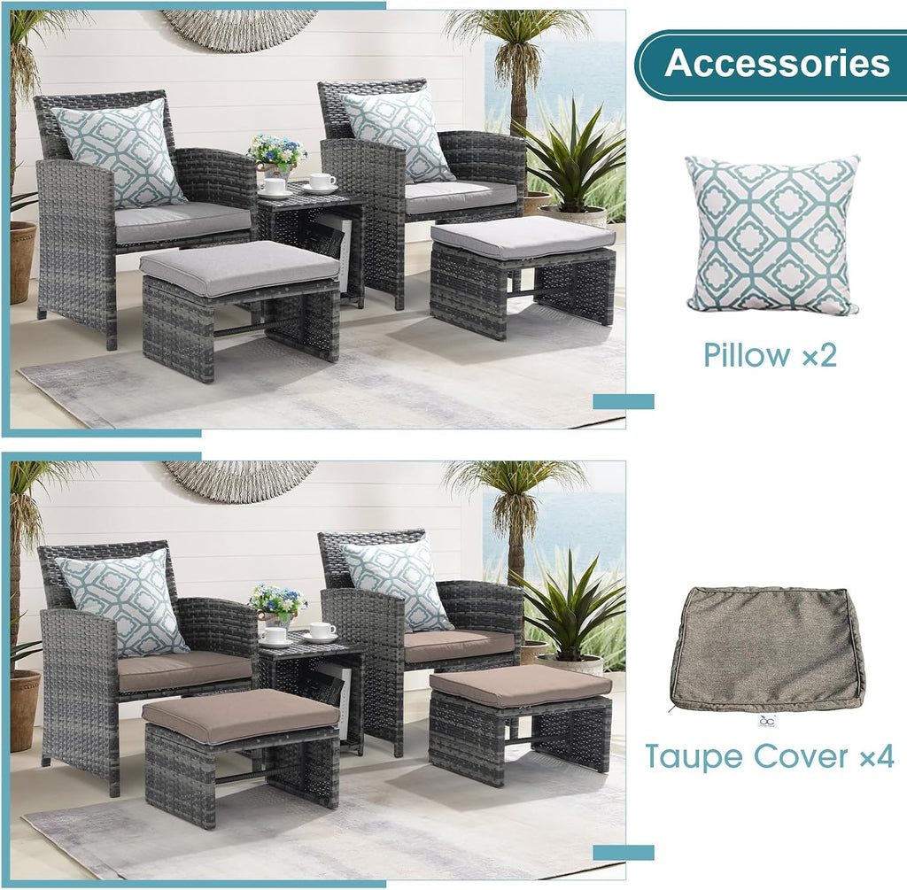OC Orange-Casual 5 Piece Patio Furniture Set, Wicker Outdoor Conversation Chair and Ottoman Set with Coffee Table, Pillows Included, for Balcony, Porch, Deck, Light Grey