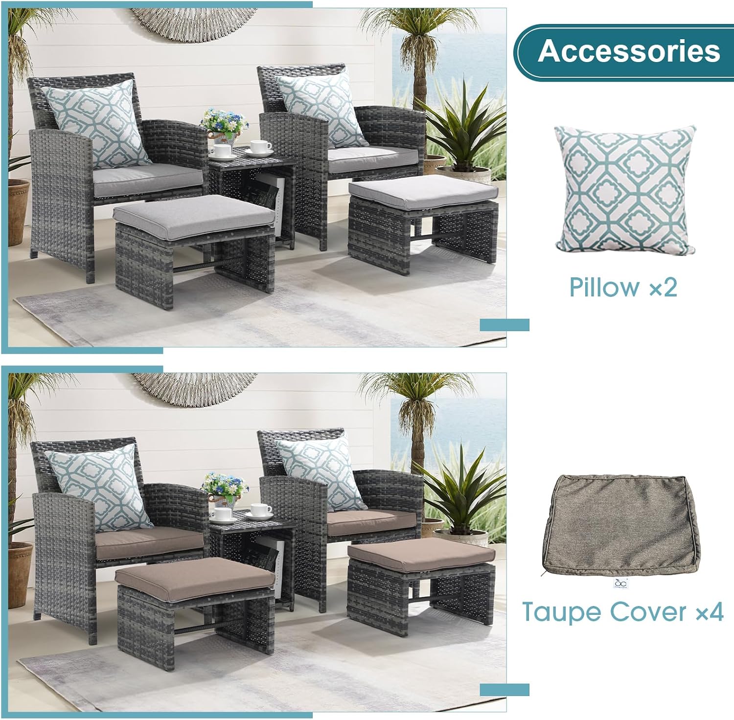 OC Orange-Casual 5 Piece Patio Furniture Set, Wicker Outdoor Conversation Chair and Ottoman Set with Coffee Table, Pillows Included, for Balcony, Porch, Deck, Light Grey