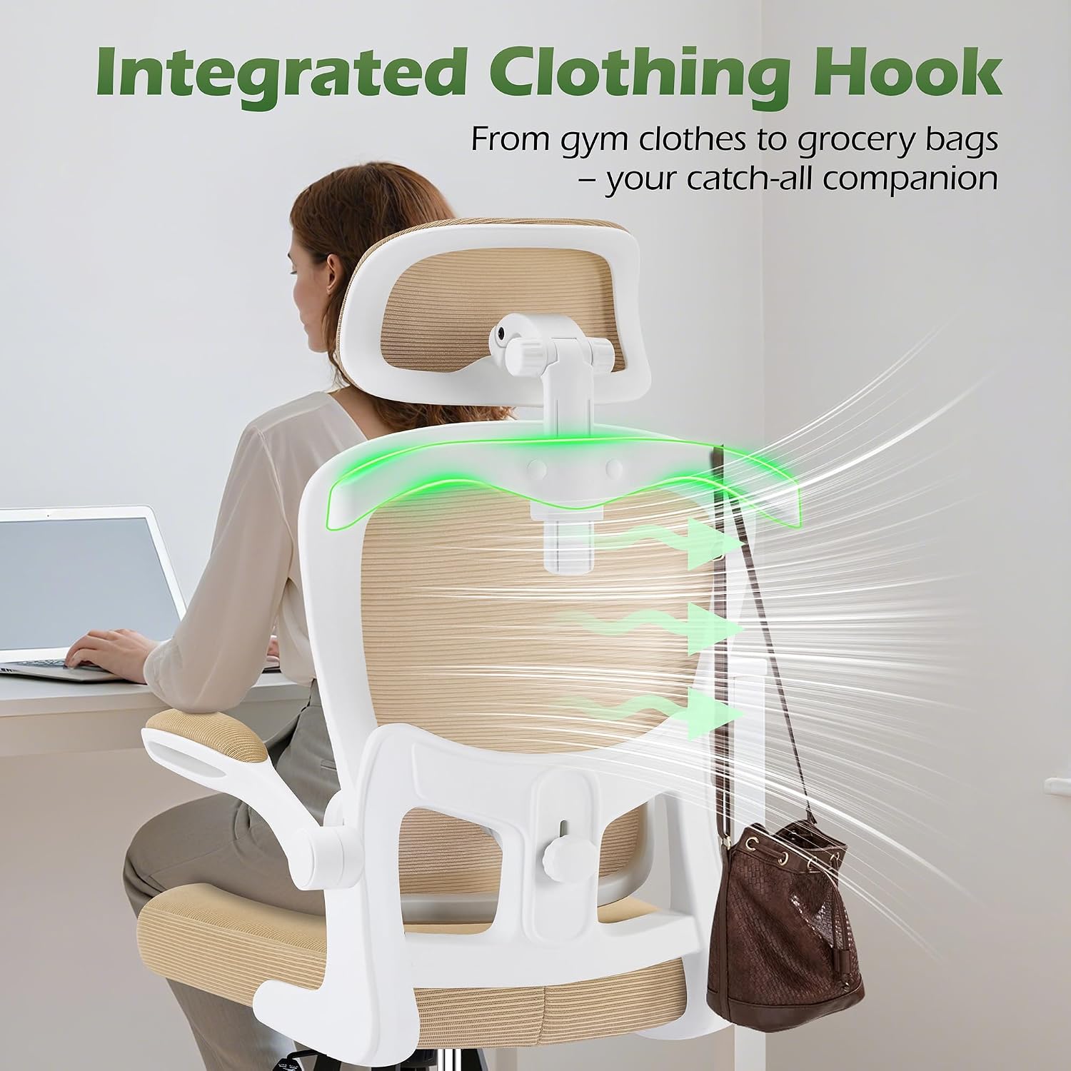 AreShark Office Chair Ergonomic Desk Chairs with Adjustable Lumbar Support& Headrest Hanger, High Back Breathable Mesh Chair with Wheels, Rolling Swivel Comfy Task Computer Chair for Home Work Gaming