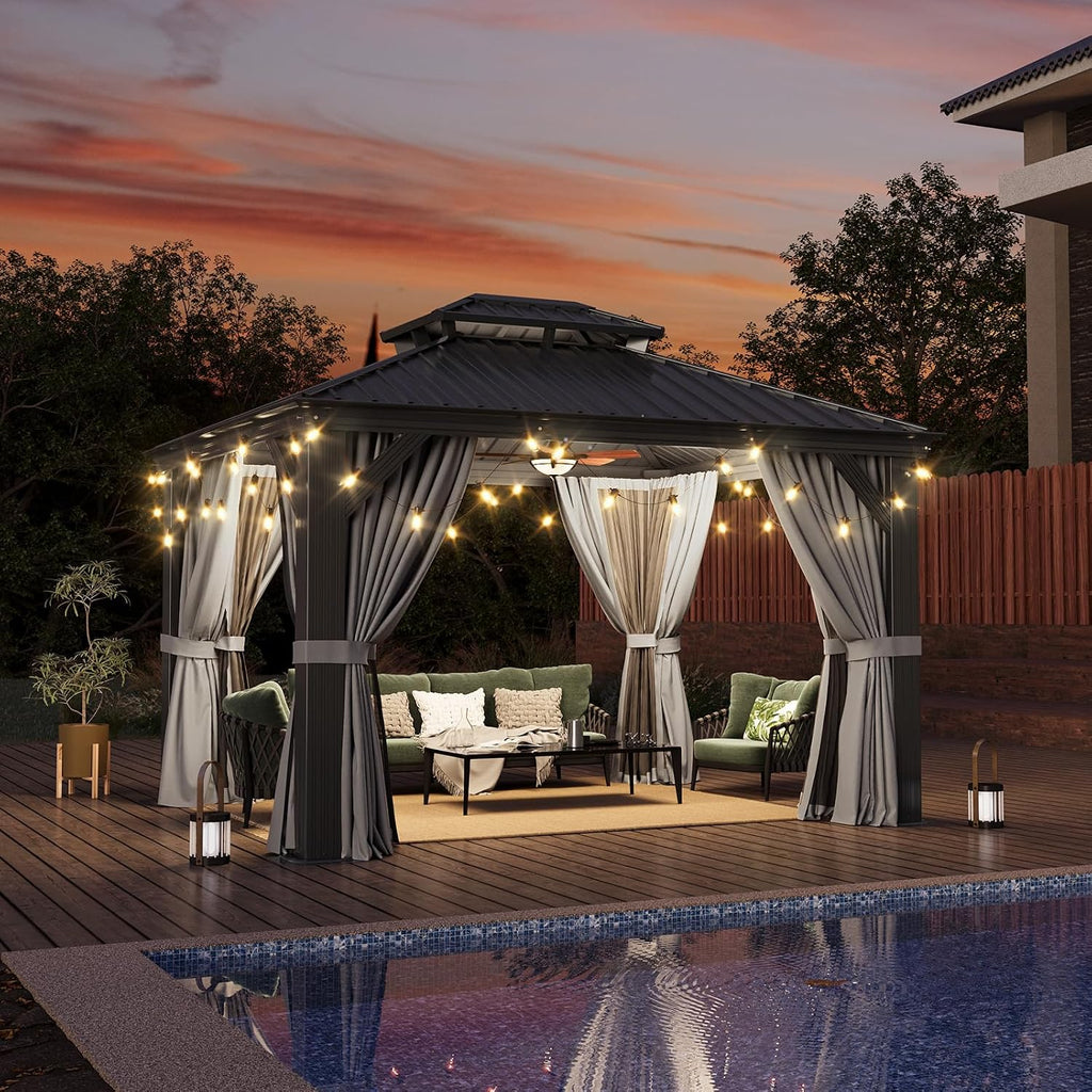 Aoxun 10' X 12' Hardtop Gazebo with Drainage System, Aluminum Outdoor Gazebo with Galvanized Steel Double Roof, Patio Permanent Metal Pavilion with Netting, for Garden, Deck, Grey