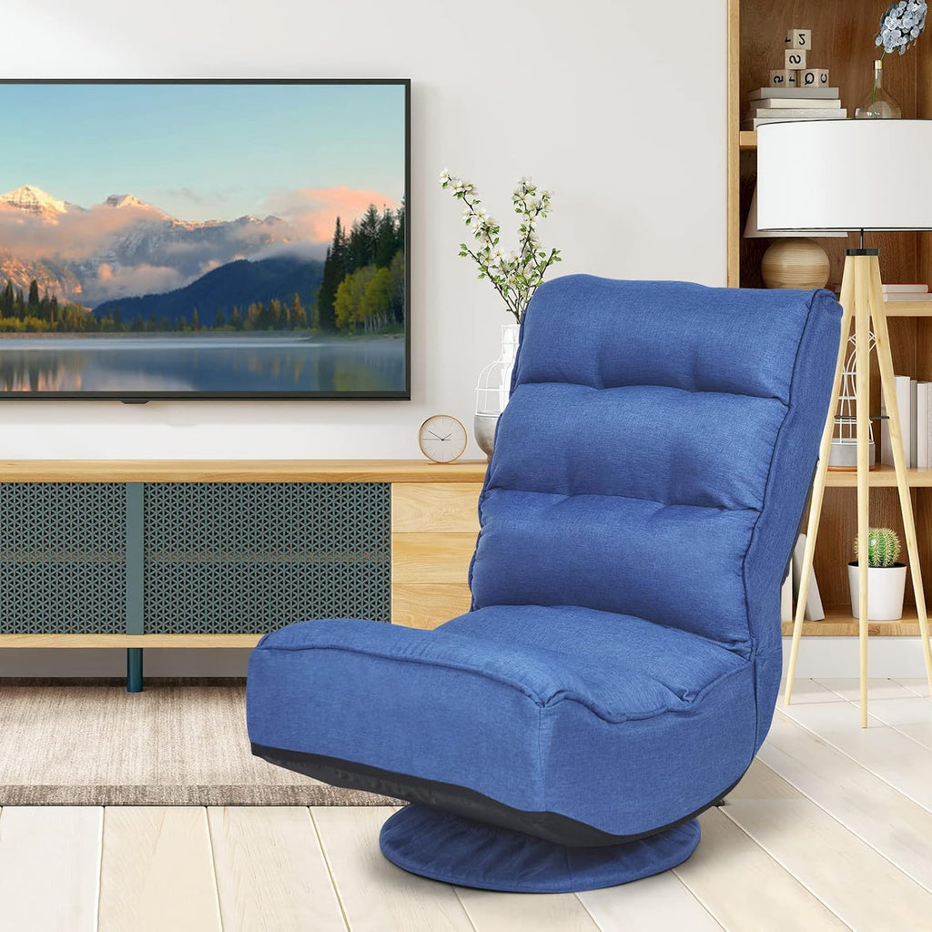 COSTWAY Folding Floor Chair, Adjustable 5-Position Video Gaming Chair with 360 Degree Swivel, Detachable Cover, Padded Backrest, Multipurpose Living Room Floor Lounger for TV, Reading, Playing (Navy)