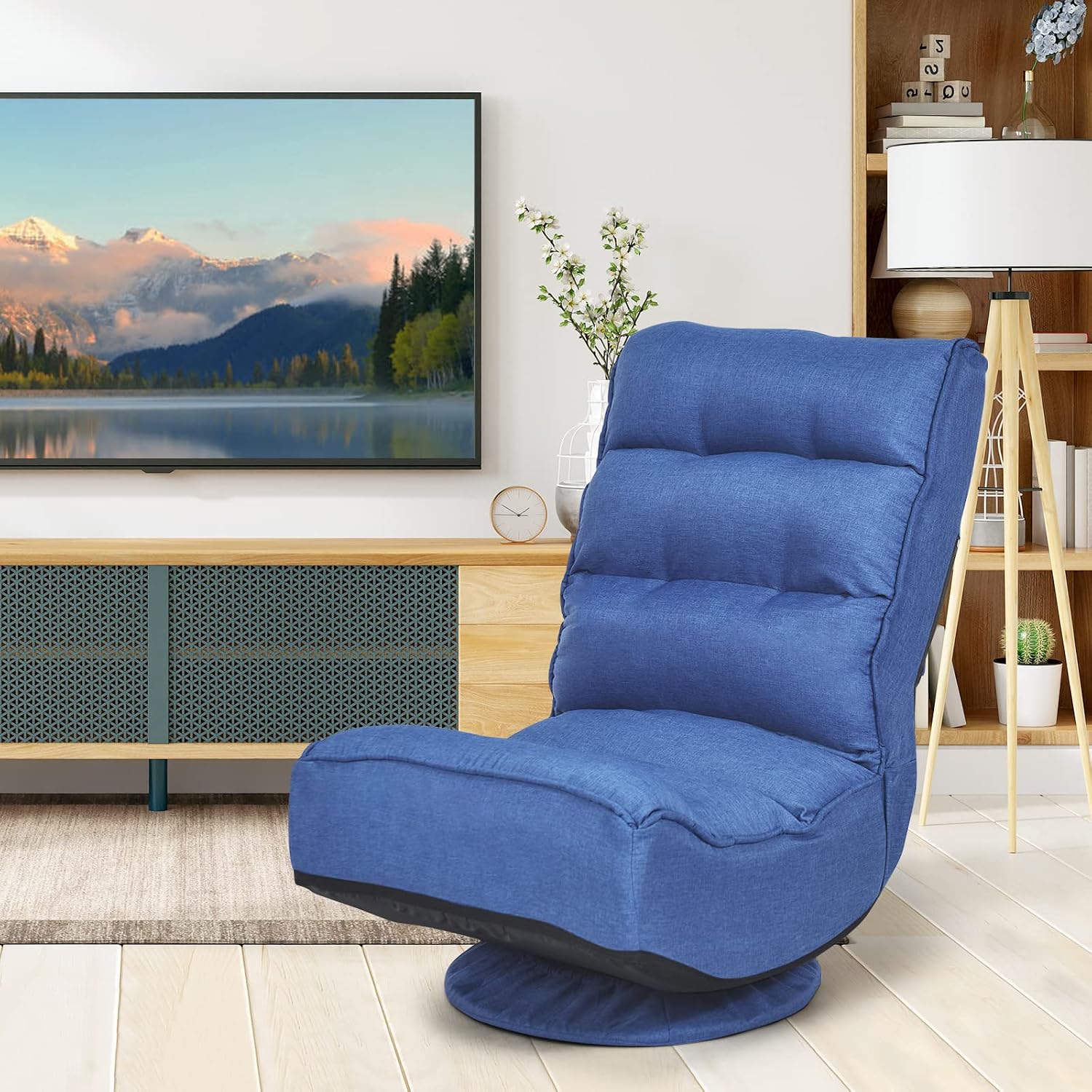 COSTWAY Folding Floor Chair, Adjustable 5-Position Video Gaming Chair with 360 Degree Swivel, Detachable Cover, Padded Backrest, Multipurpose Living Room Floor Lounger for TV, Reading, Playing (Navy)