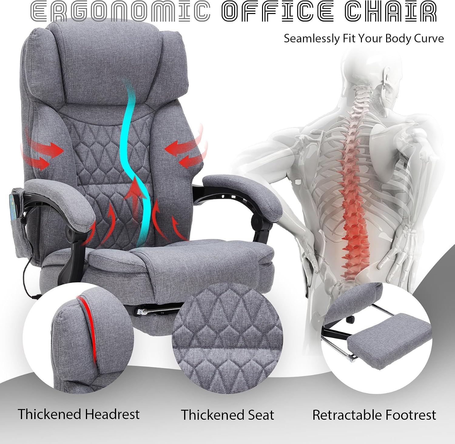 Massage Office Chair with Heat,Reclining Office Chair with Foot Rest,6 Points Vibration Home Desk Chairs for Heavy People 400lbs,Ergonomic Managerial Executive Chair (Grey)