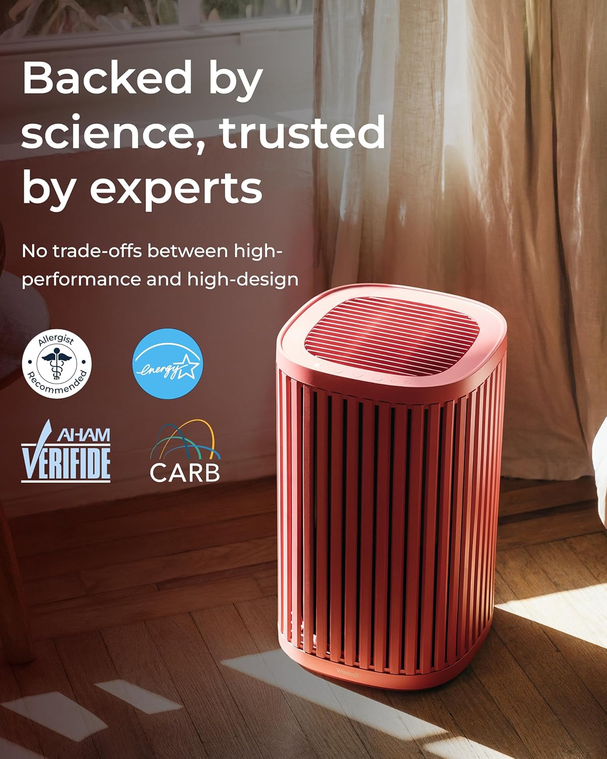 Windmill Air Purifier for Home - 3-In-1 Filtration for Dust, Smoke, & More - True HEPA Filter, Activated Carbon, & Pre-Filter - Ultra-Quiet - App Compatible - Covers Up To 975 sq ft - Coral