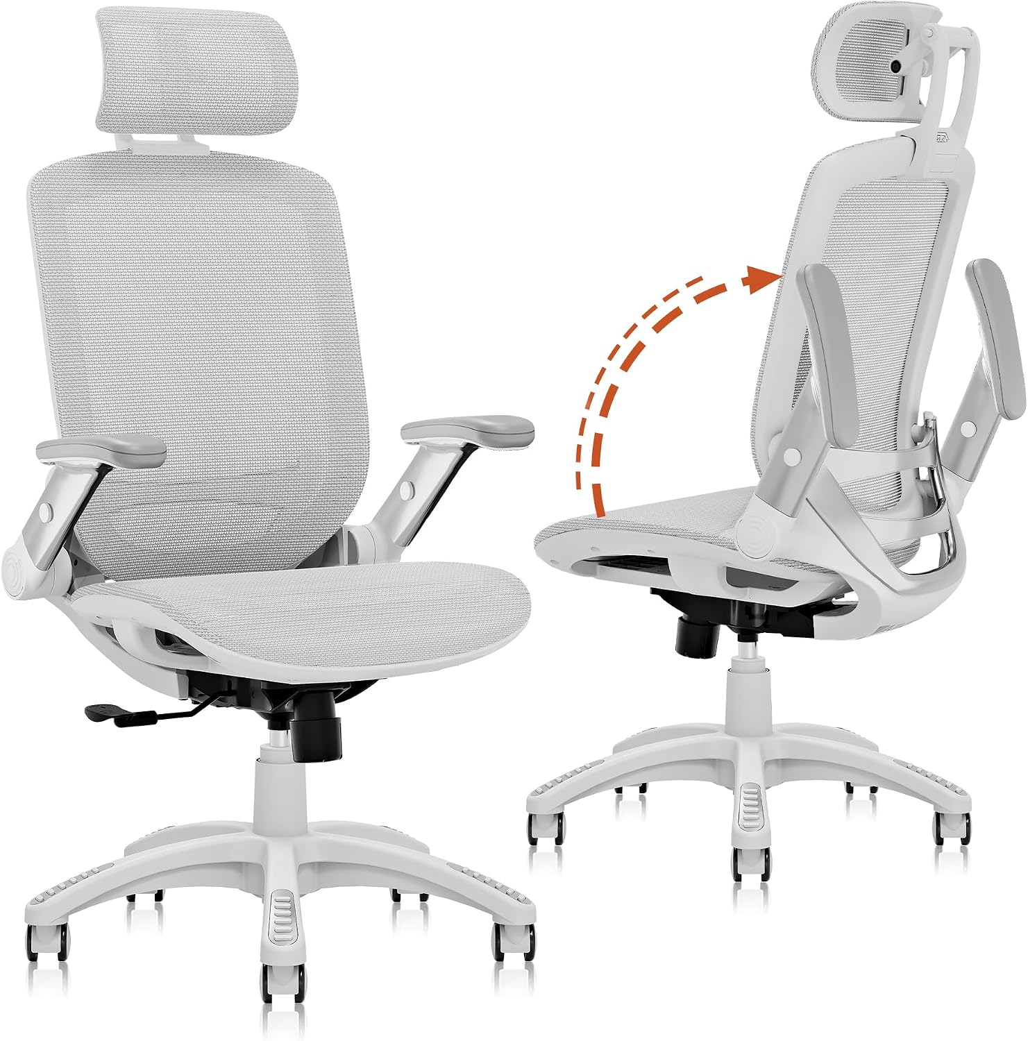 GABRYLLY Ergonomic Office Chair, High Back Home Desk Chair with Headrest, Flip-Up Arms, 90-120° Tilt Lock and Wide Cushion, 300LBS Mesh Chairs for Man Woman, White Task Chair(Grey,GY01WG)