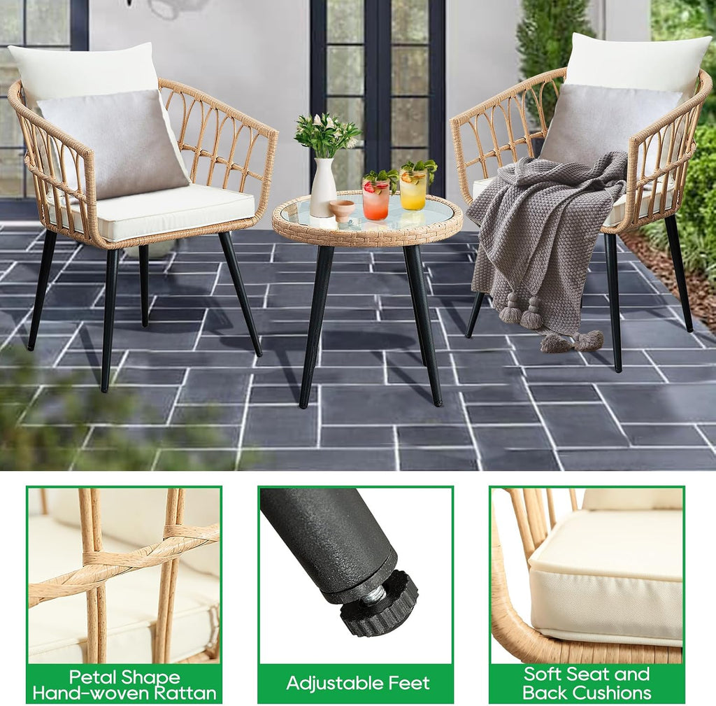 PORWEY 3 Piece Patio Bistro Set, Outdoor Wicker Apartment Balcony Furniture Sets, Rattan Table and Chairs Set of 2 for Porch Backyard Lawn Poolside Deck, Beige