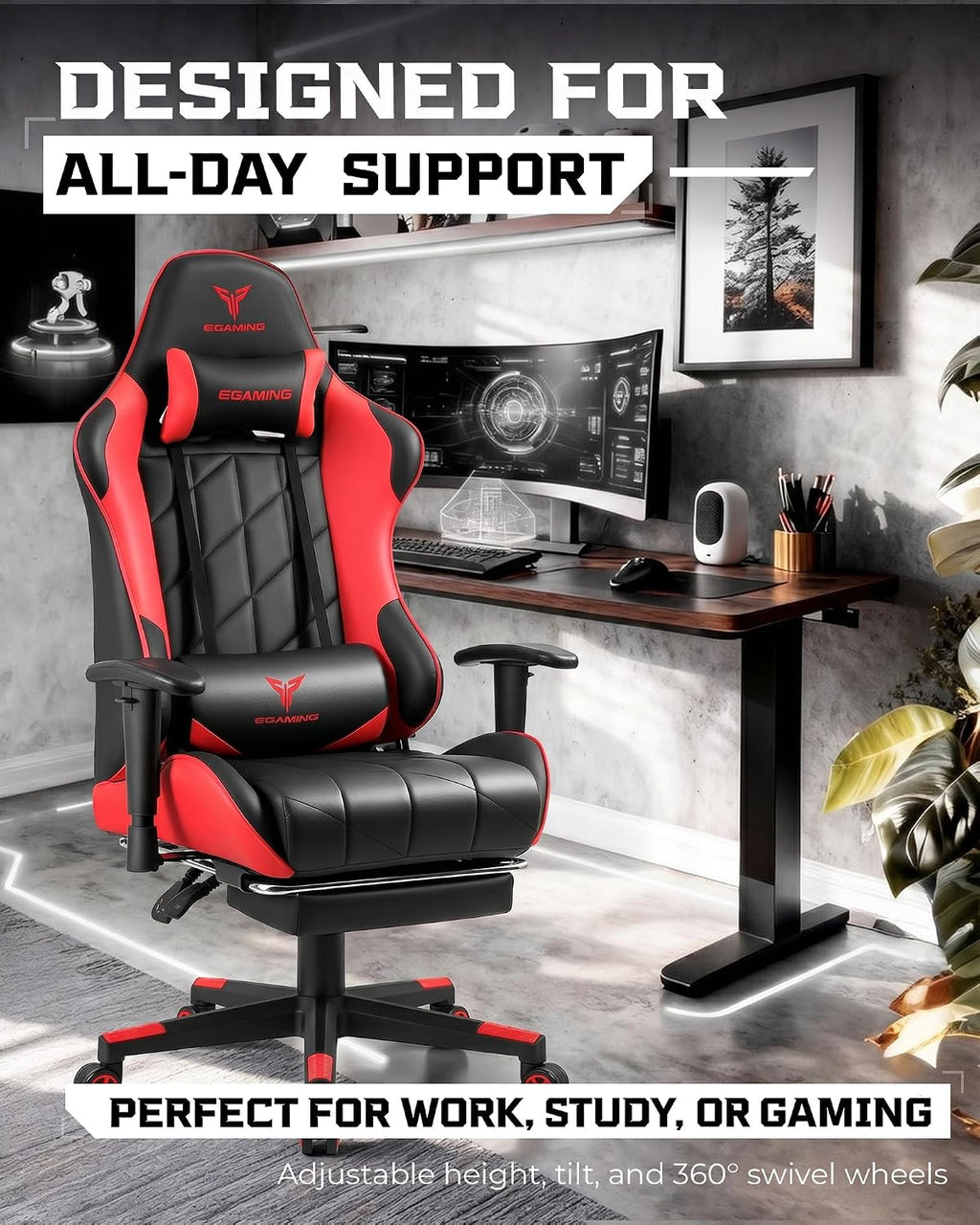 GTPLAYER Gaming Chair, Big and Tall Video Game Chair with High Back PU Leather, Home Office Ergonomic Computer Chair with Footrest, Adjustable Height, 360° Swivel Wheels for Adults and Teens
