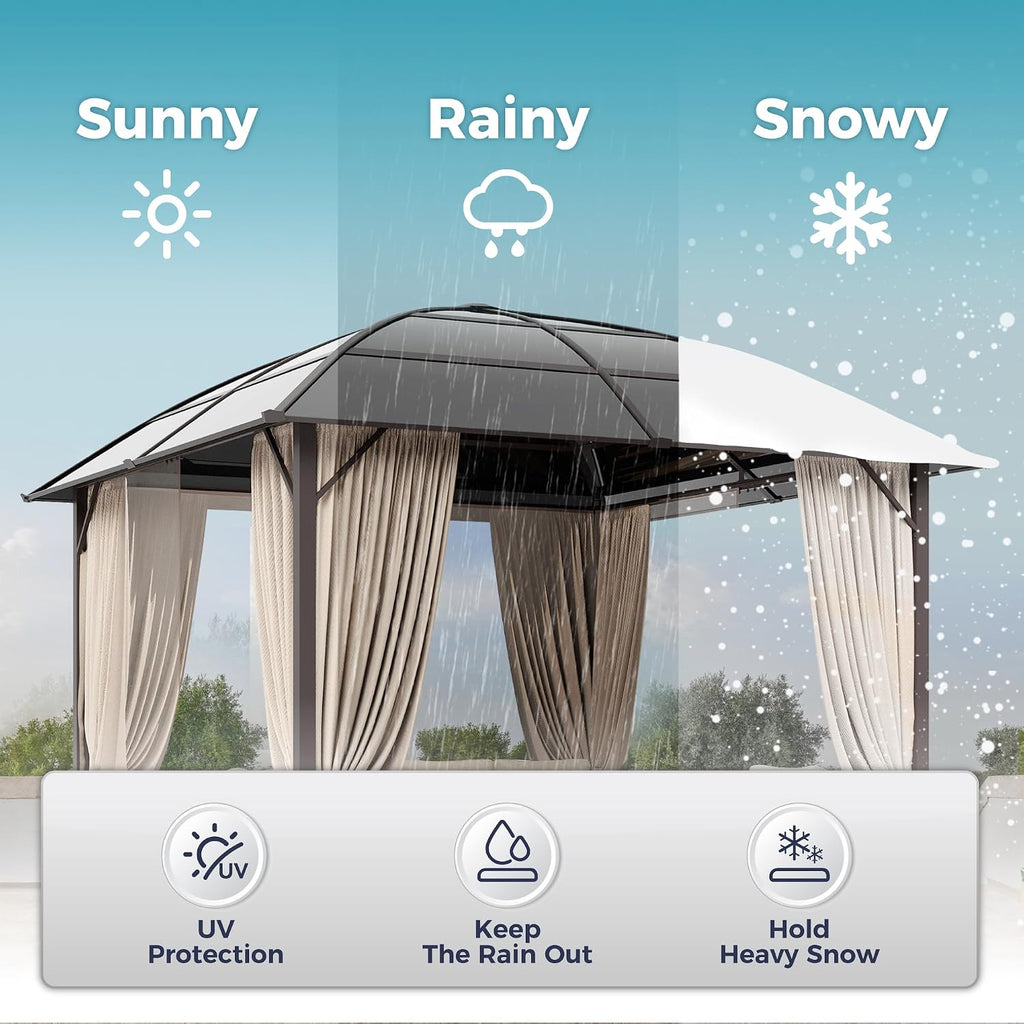SUNSHINE VALLEY 10x10ft Hardtop Gazebo with Netting and Curtain, Outdoor Gazebo with Aluminum Frame and Polycarbonate Translucent Top, Patio Canopy for Deck, Backyard, Garden, Lawn