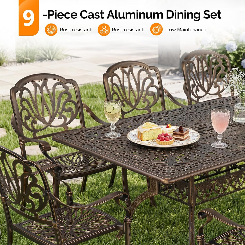 VINGLI 9-Piece Cast Aluminum Outdoor Dining Set for 8, Rectangular Patio Table with Umbrella Hole & 8 Stackable Chairs, All-Weather Garden/Poolside Furniture
