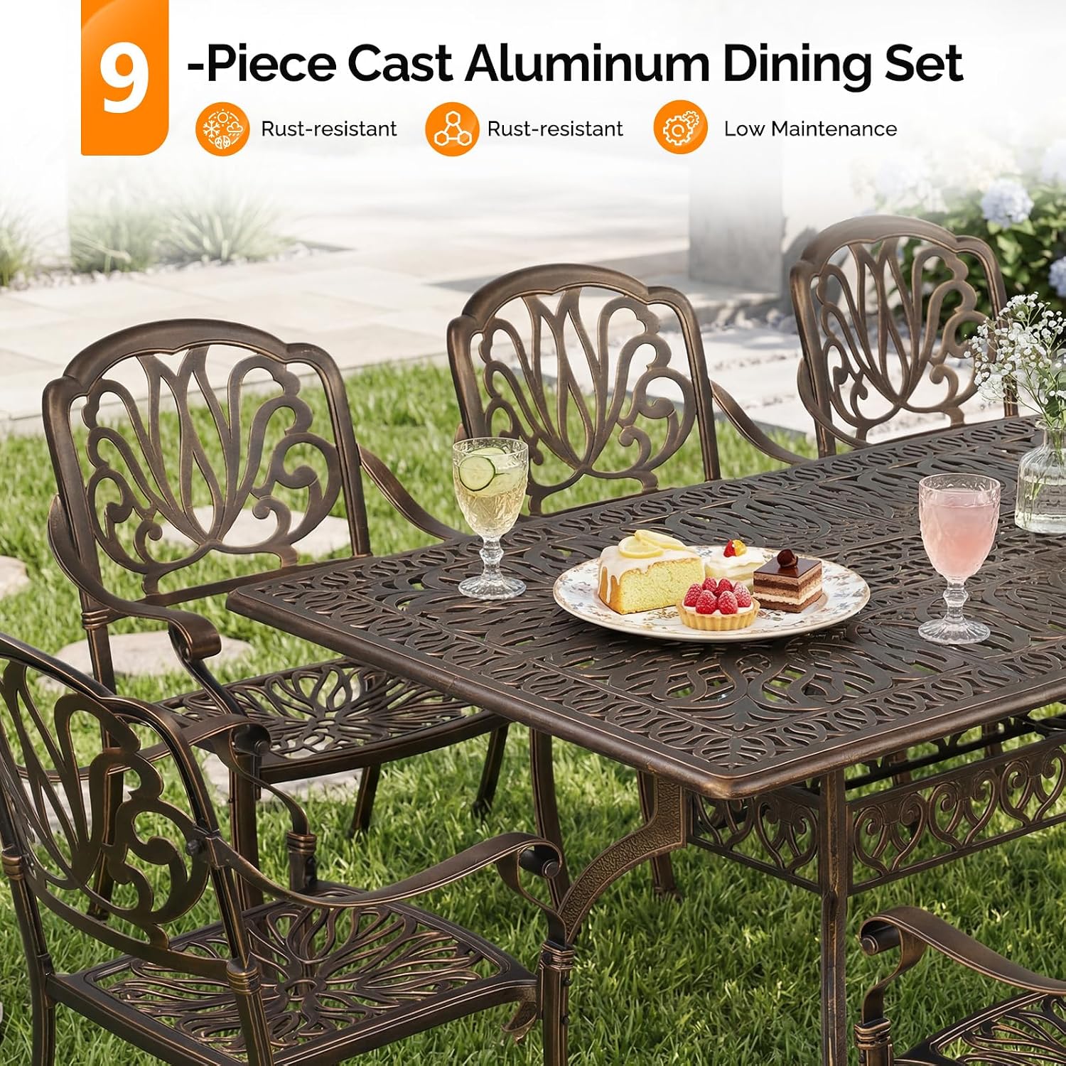 VINGLI 9-Piece Cast Aluminum Outdoor Dining Set for 8, Rectangular Patio Table with Umbrella Hole & 8 Stackable Chairs, All-Weather Garden/Poolside Furniture