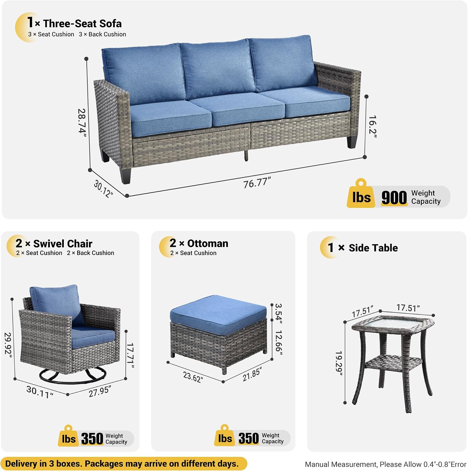 ovios 6 Pieces Patio Furniture Set, Outdoor Wicker Sofa Couch with Swivel Chairs, Rocking Glider Rocker with Comfy Cushions All Weather Rattan Conversation Set, Denim Blue