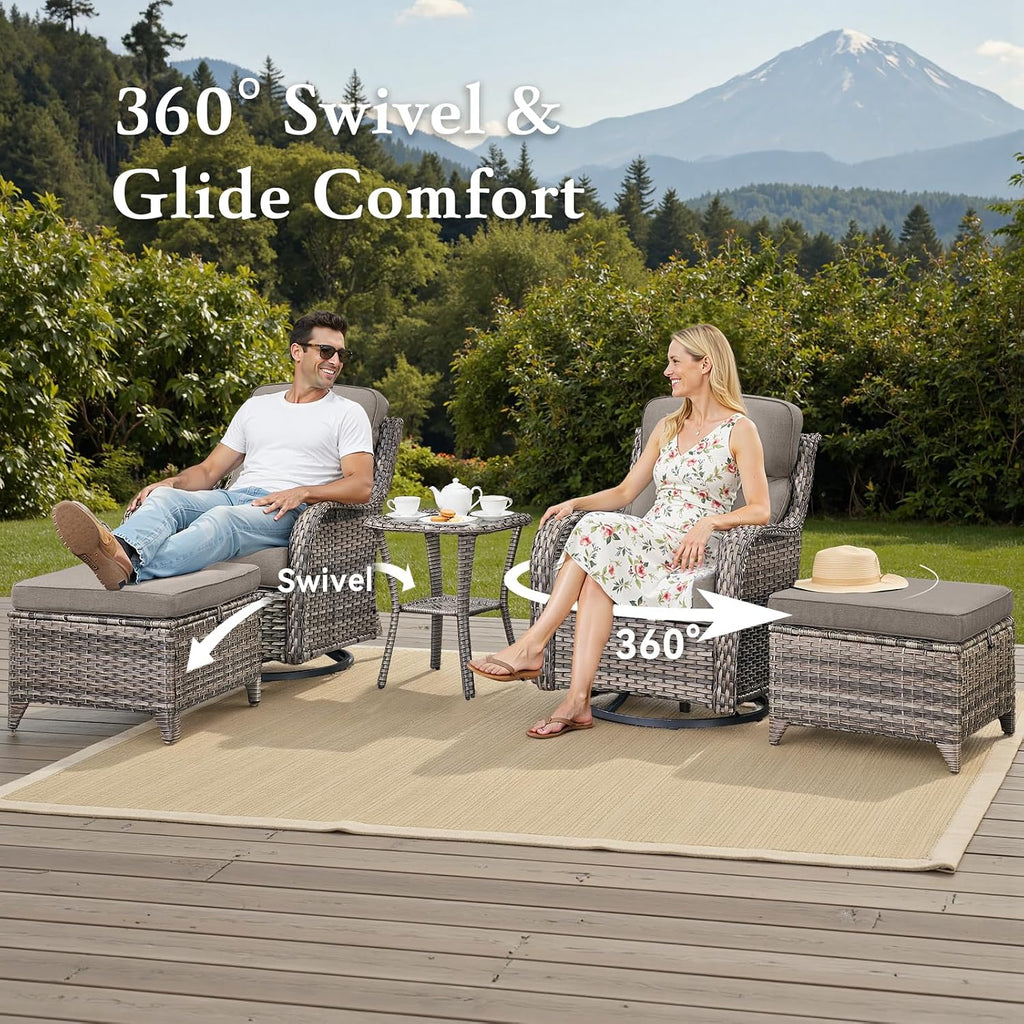 Belord Luxury 6' Thick Cushioned 5 Pieces Patio Furniture Set with 2 Ottomans, Wicker Outdoor Conversation Set with High Back Swivel Rocker Patio Chairs for Deck Porch Yard and Poolside - Grey+Grey